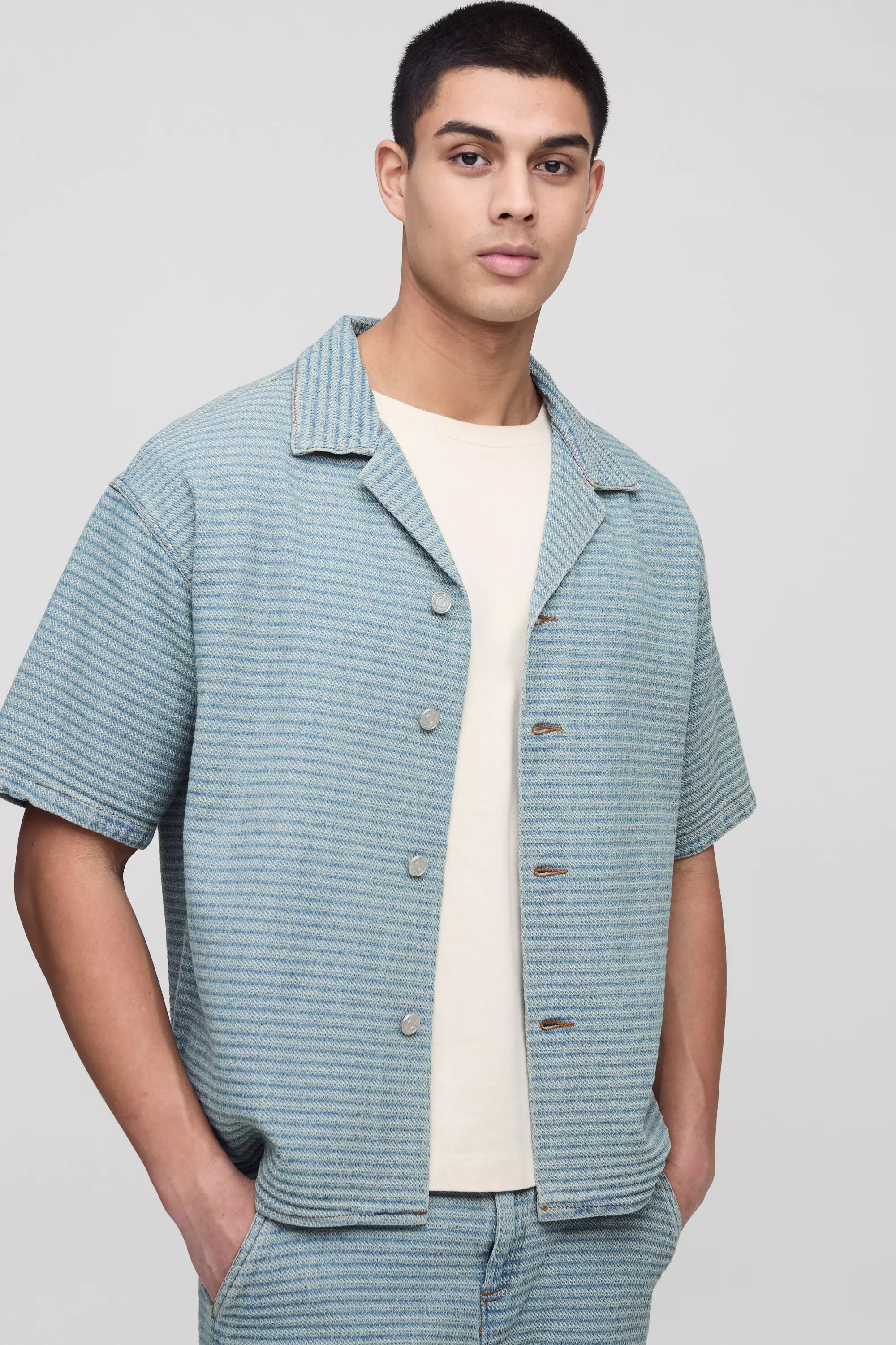 Tall Jacquard Denim Boxy Oversized Revere Shirt Light wash