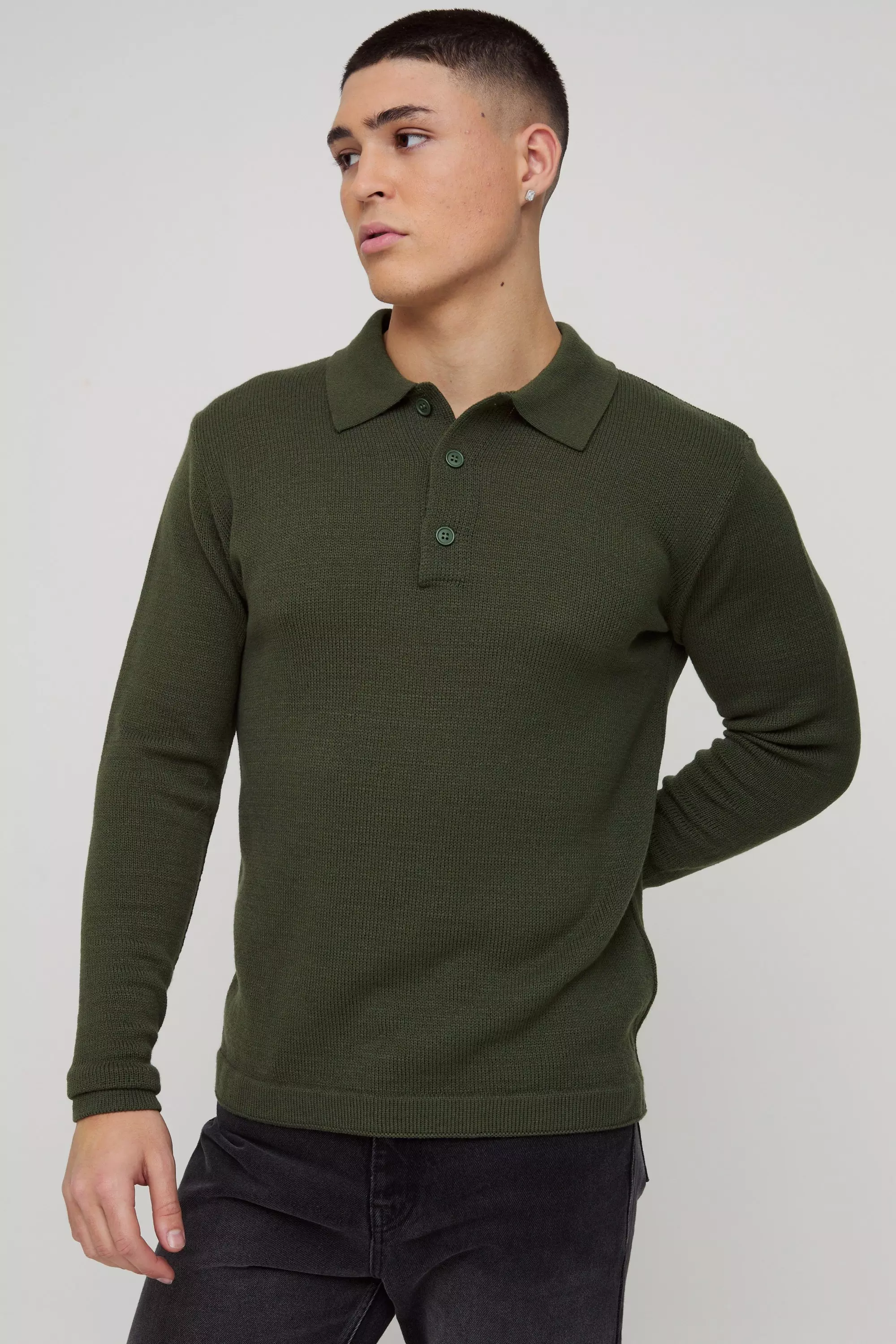 Langärmliges Poloshirt mit Knopf-Detail, Khaki alternatives Bild