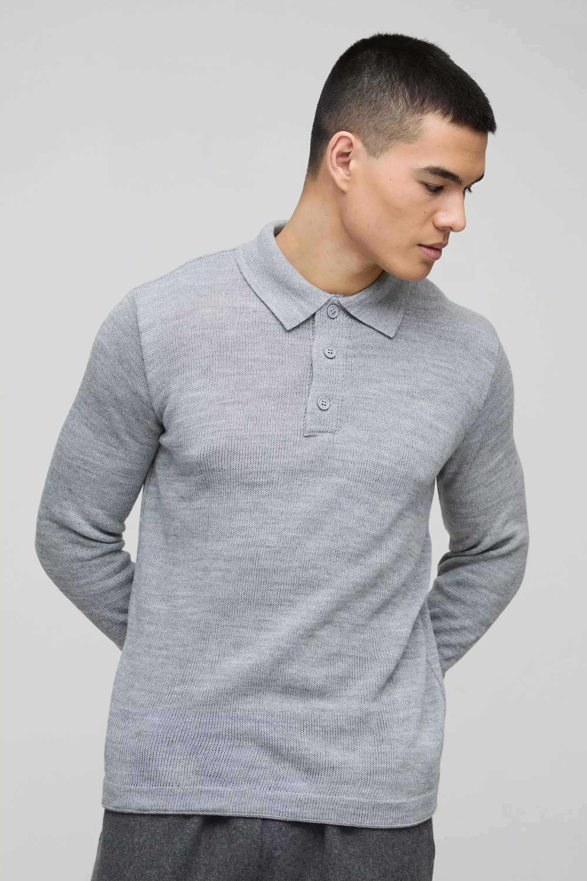 Grey Regular Button Neck Long Sleeve Knitted Polo