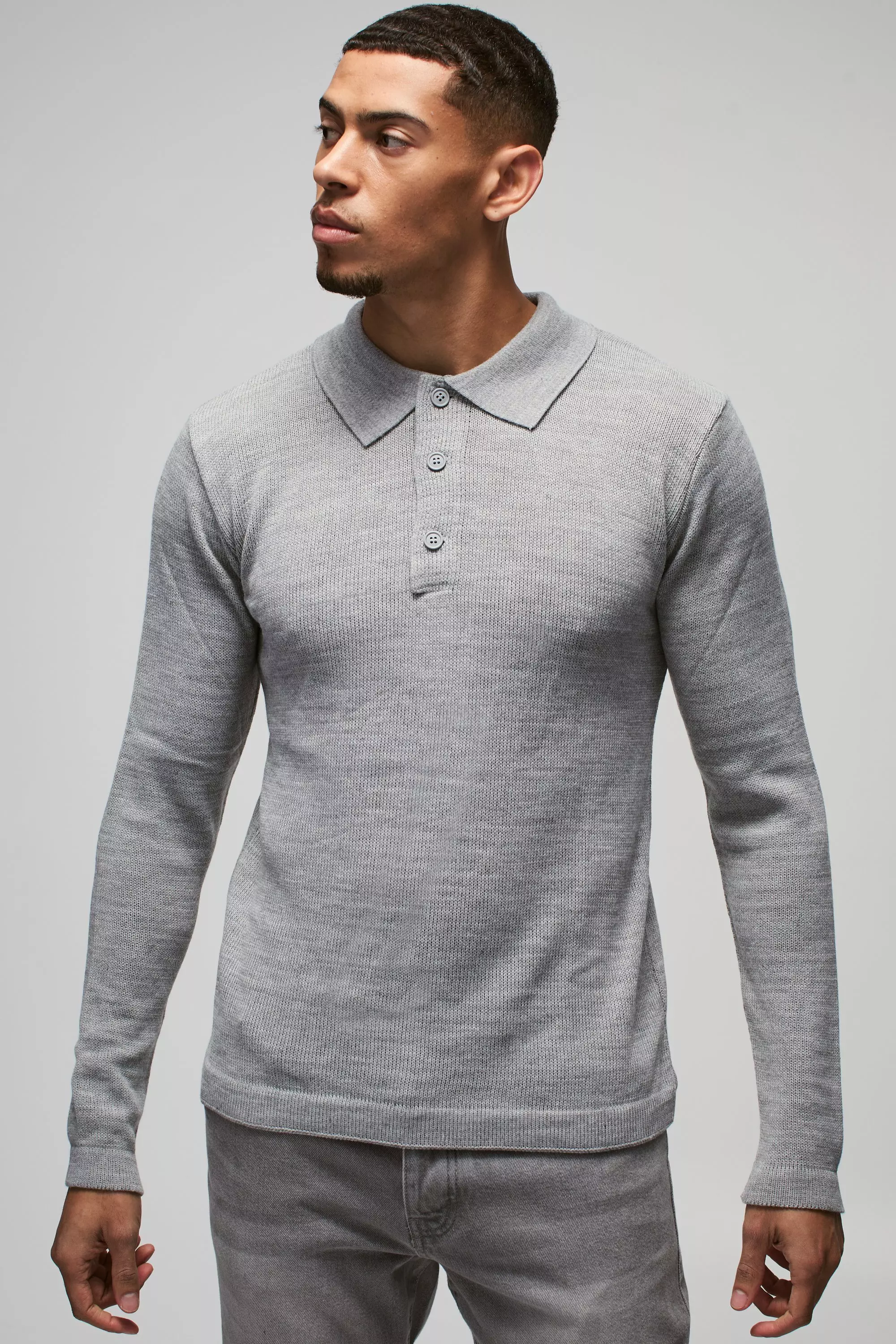 Langärmliges Poloshirt mit Knopf-Detail, Light grey alternatives Bild