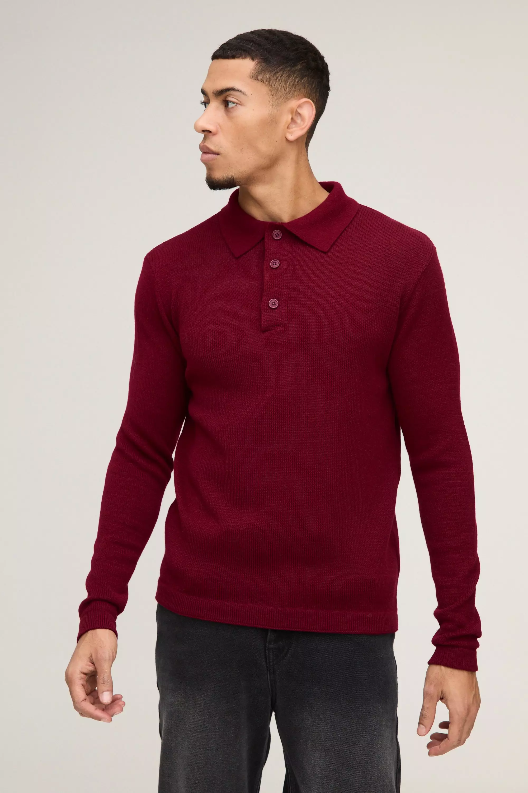Langärmliges Poloshirt mit Knopf-Detail, Burgundy alternatives Bild