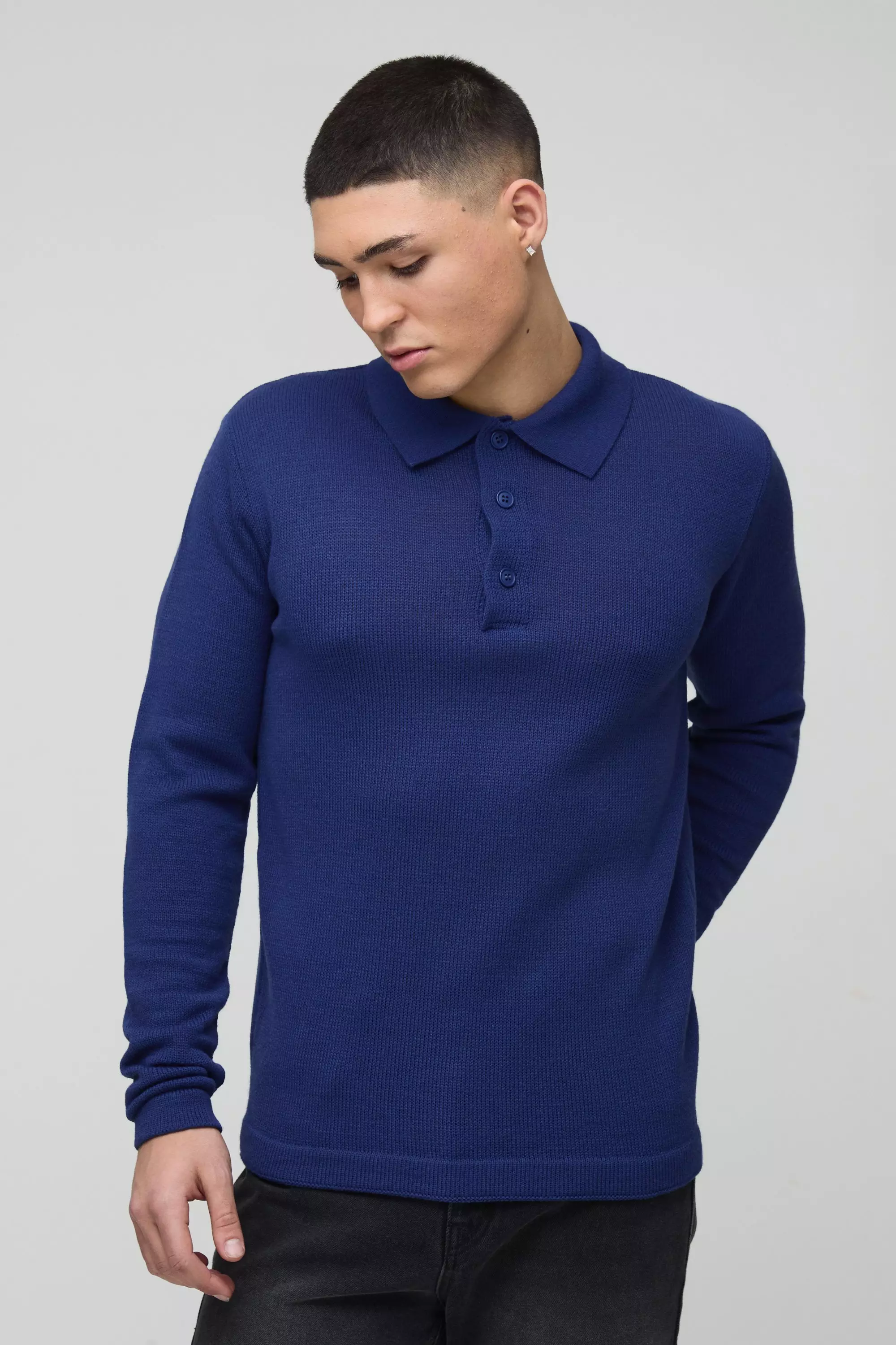 Blue Regular Button Neck Long Sleeve Knitted Polo