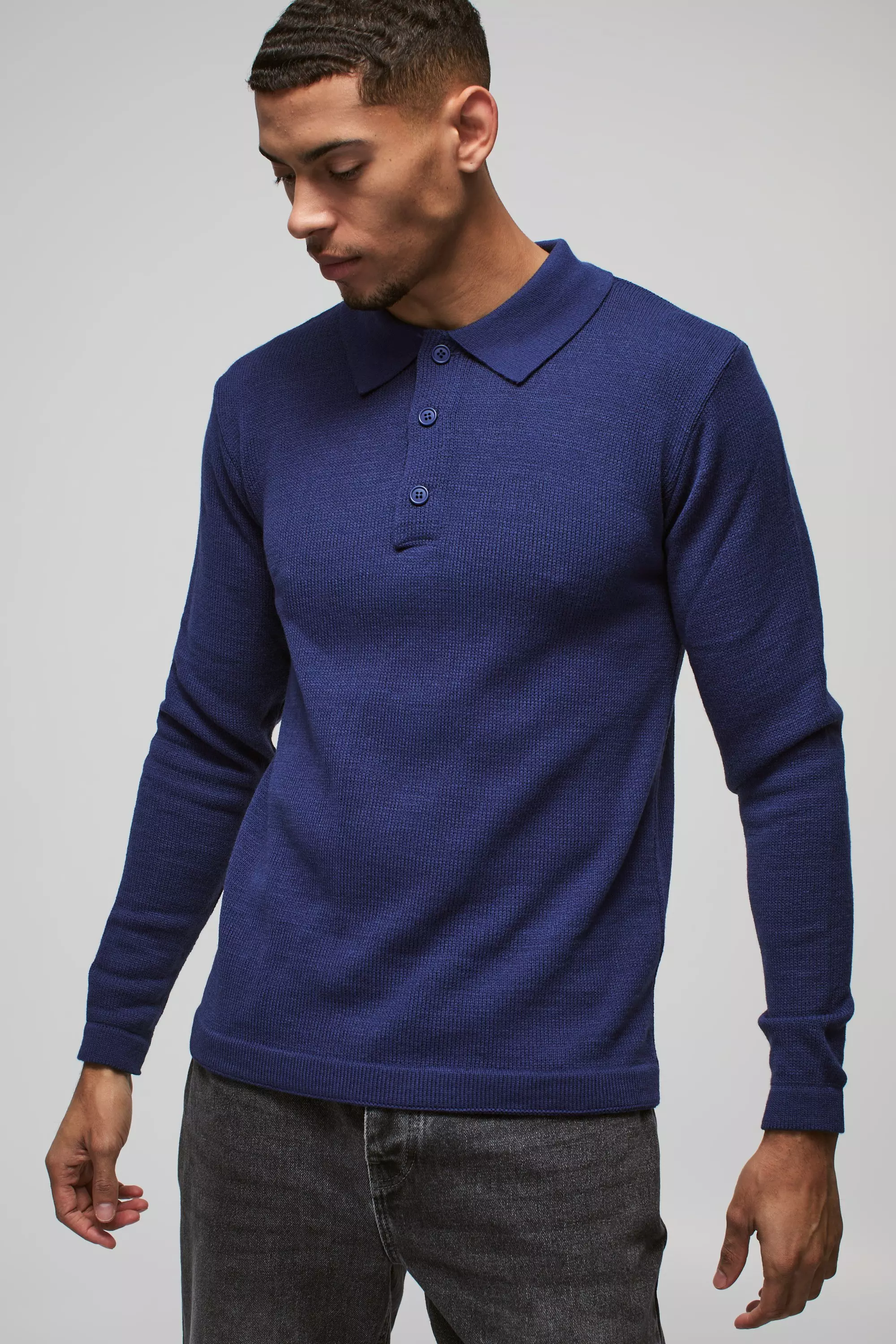 Langärmliges Poloshirt mit Knopf-Detail, Slate blue alternatives Bild