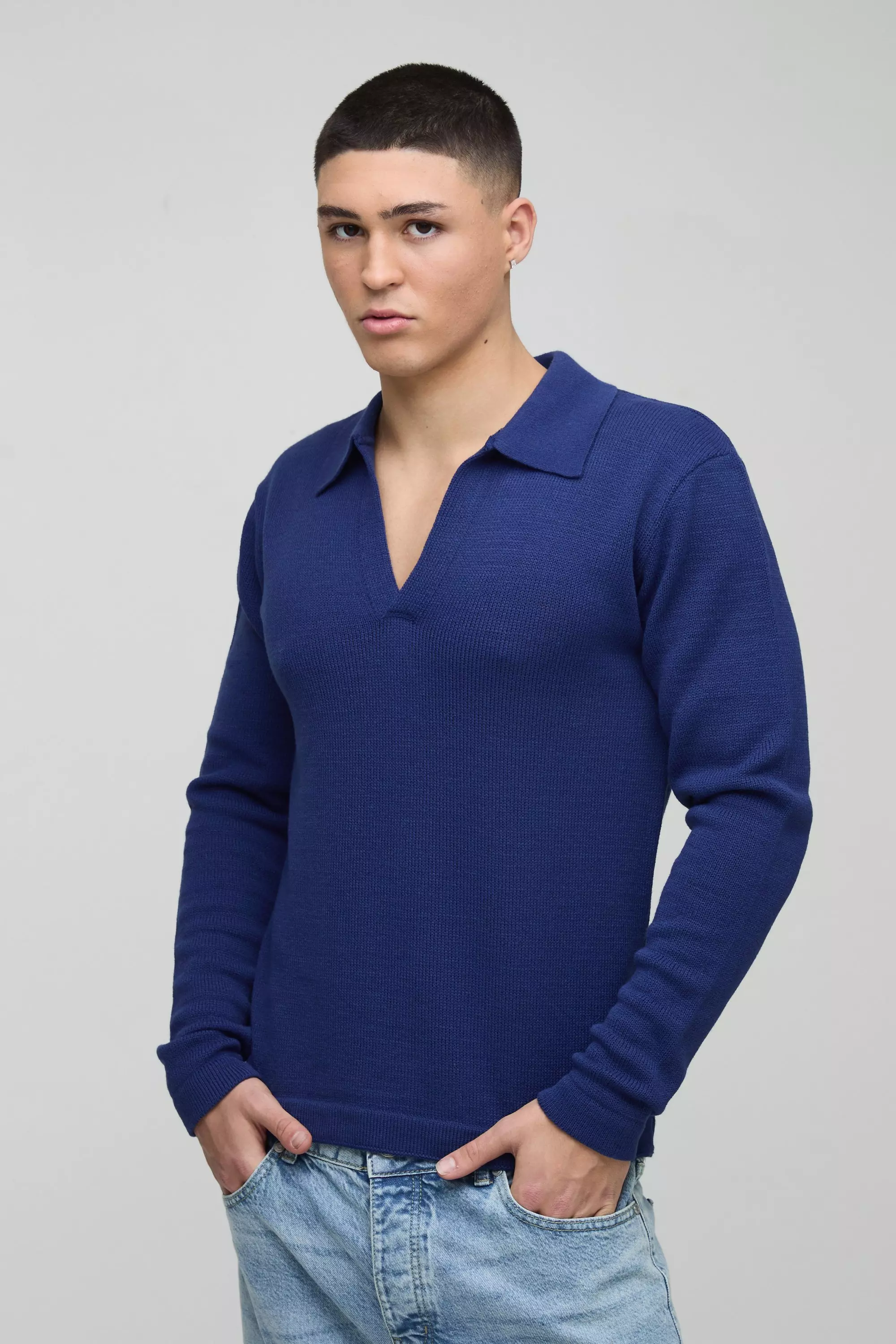 Blue Regular Deep V Revere Collar Knitted Long Sleeve Polo