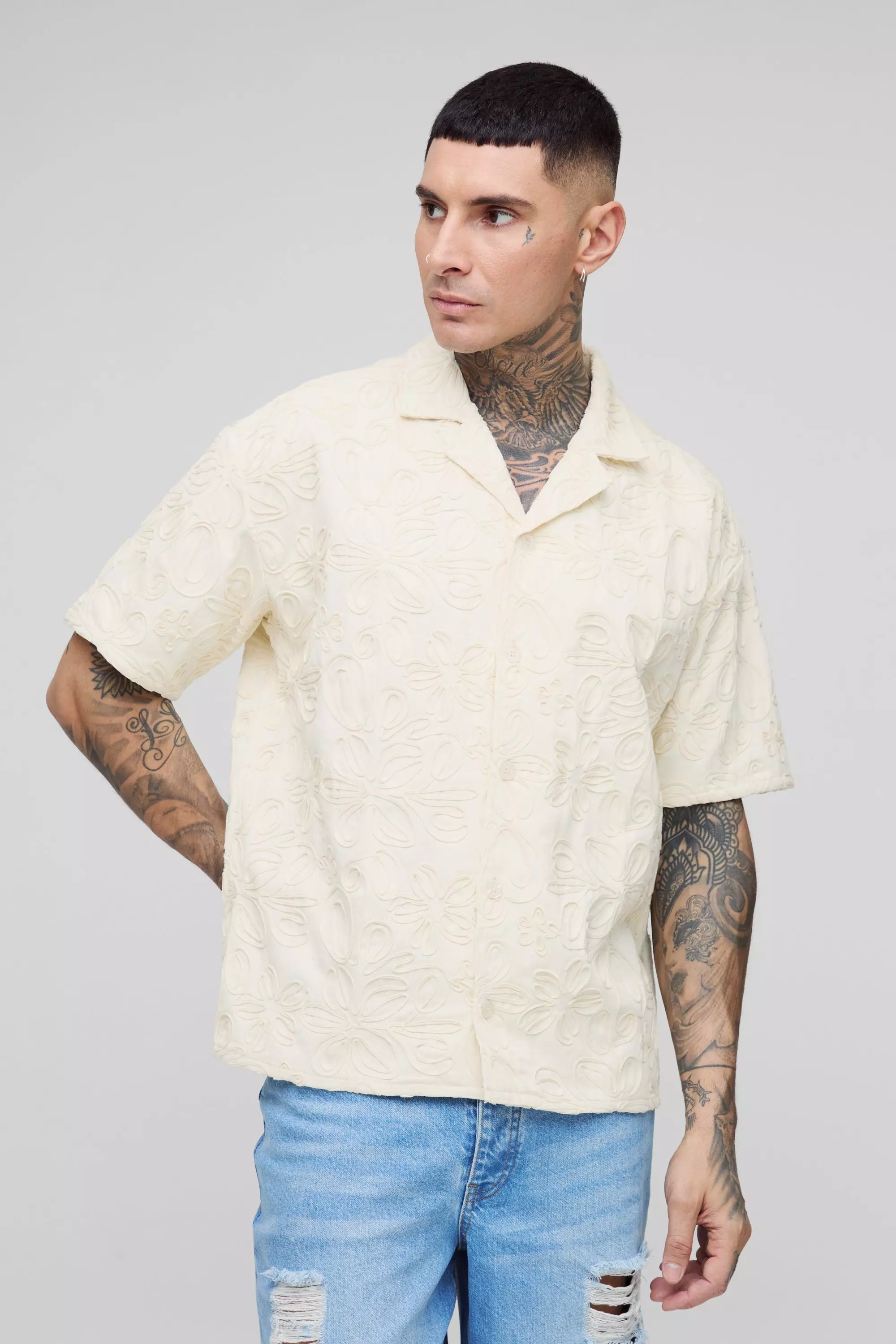 Tall Oversize Twill-Hemd mit Applikation, Stone alternatives Bild