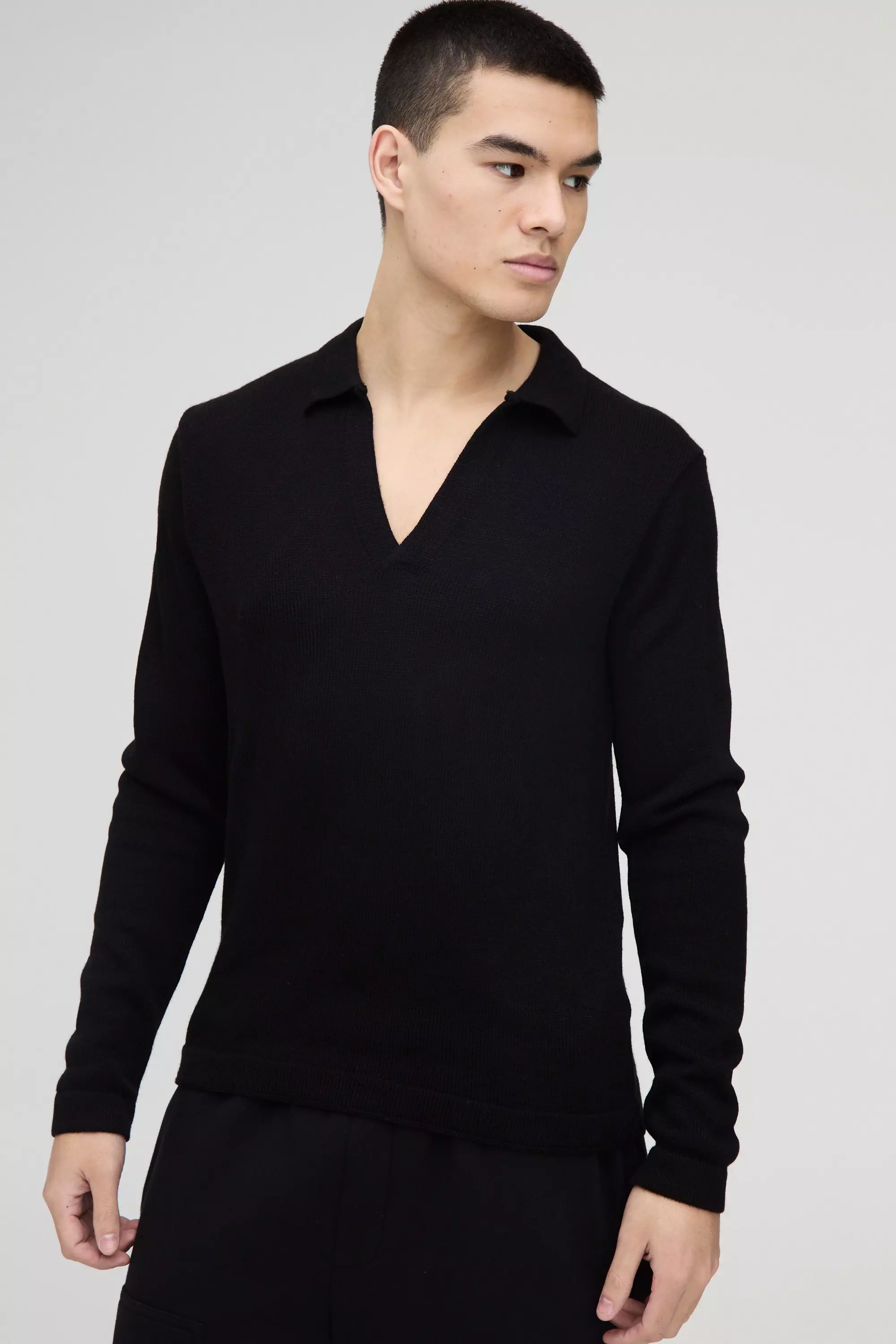 Black Regular Deep V Revere Collar Knitted Long Sleeve Polo