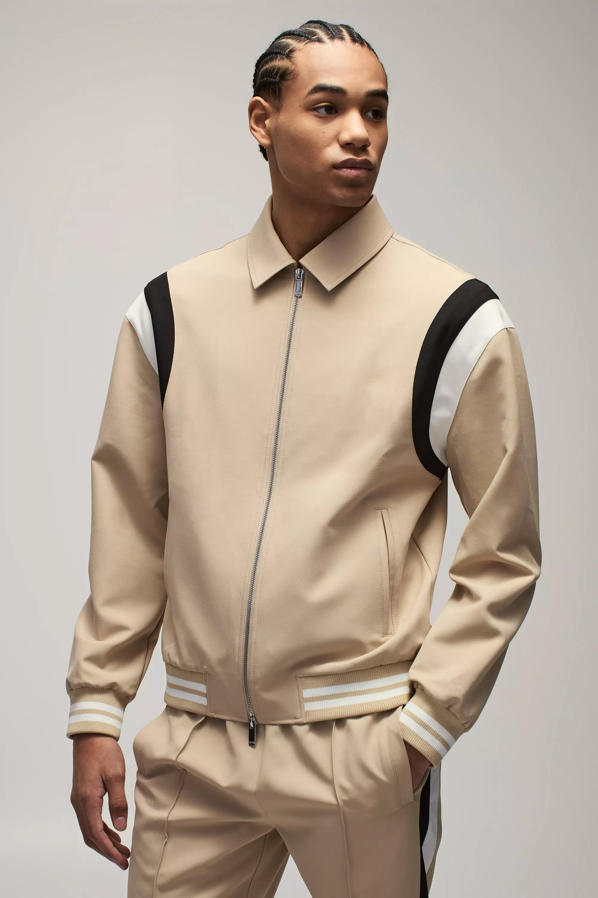 Stone Beige Tailored Collared Varsity Bomber Jacket