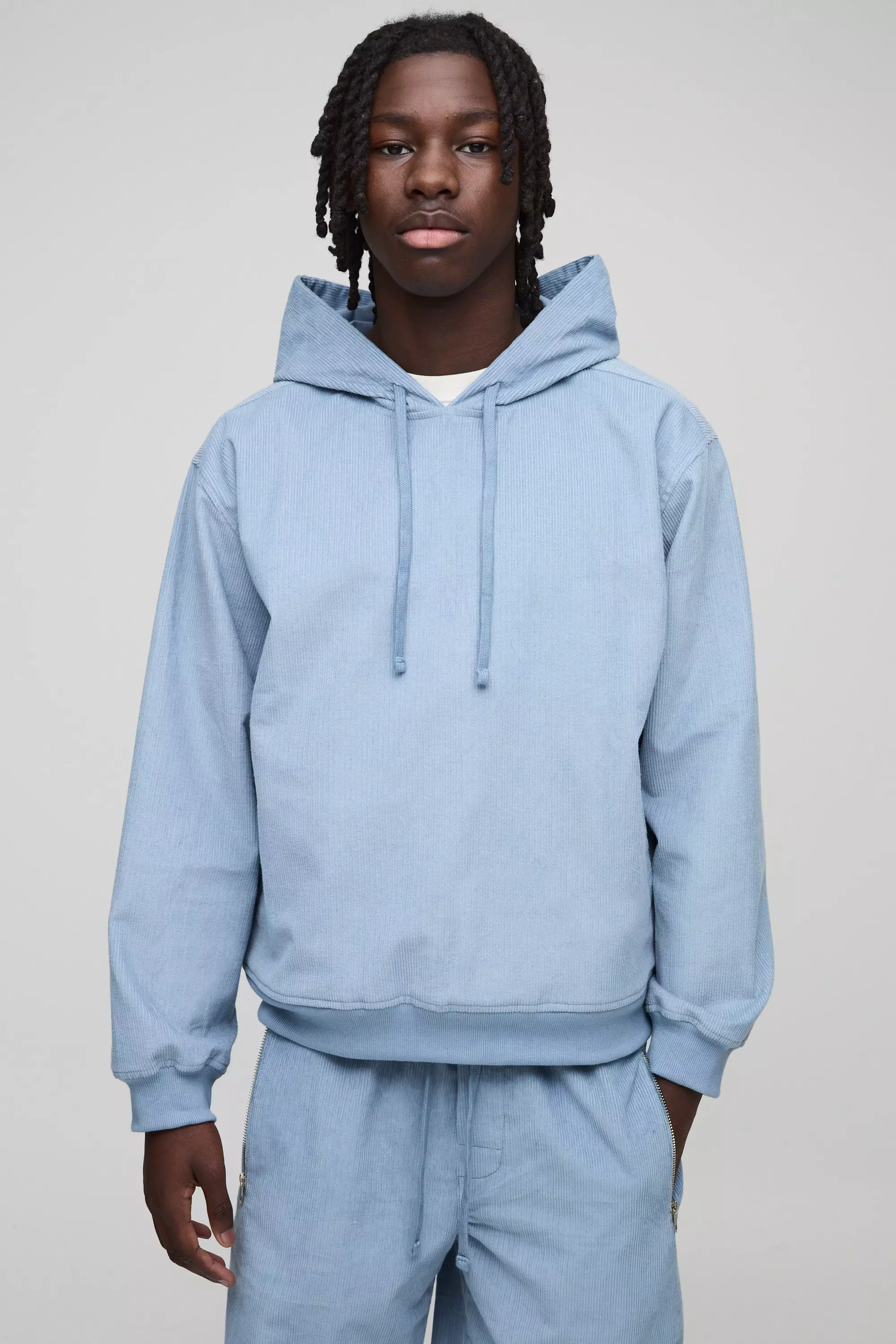 Blue Oversized Boxy Corduroy Hoodie