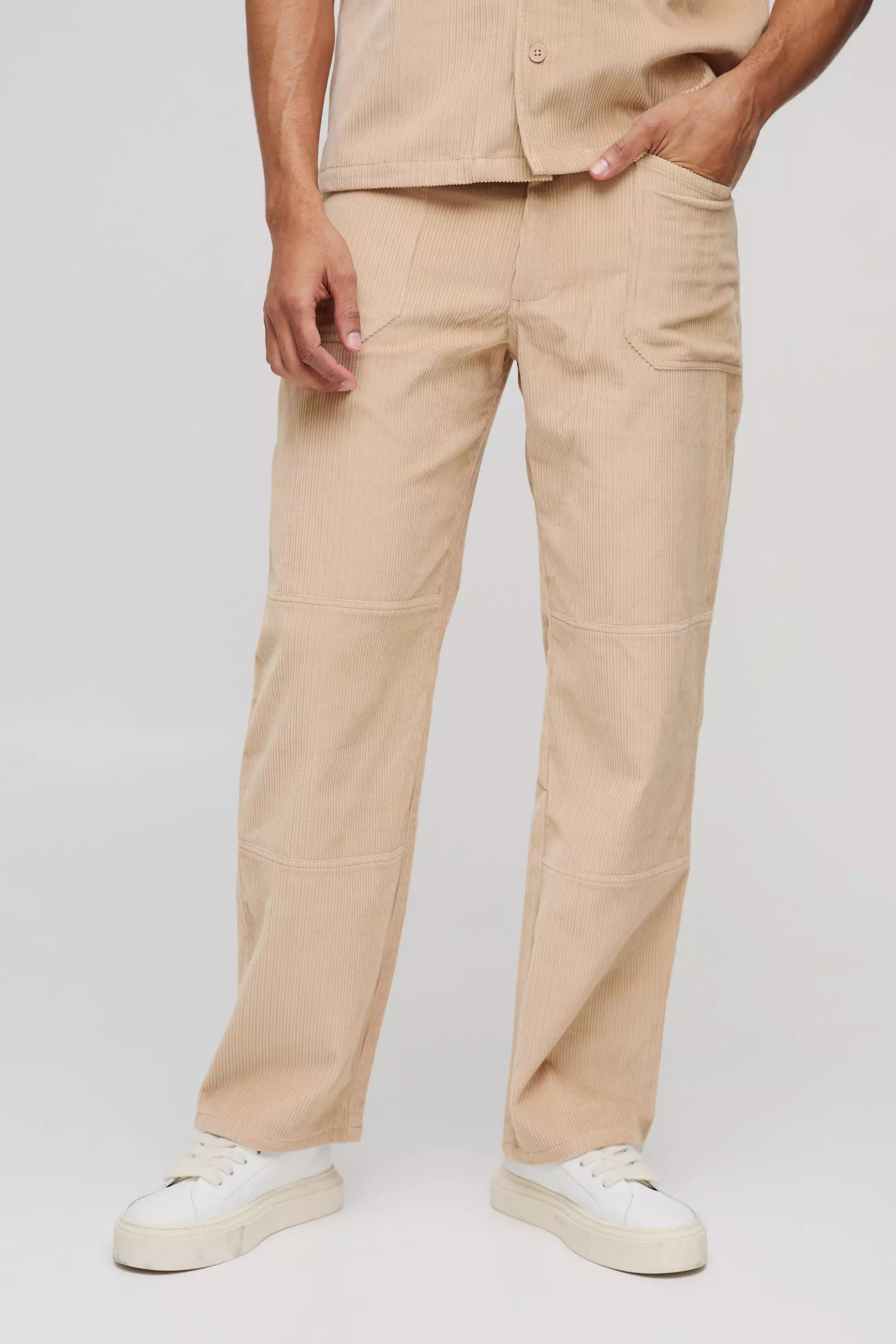 Sand Straight Acid Wash Corduroy Panel Trousers alternative image