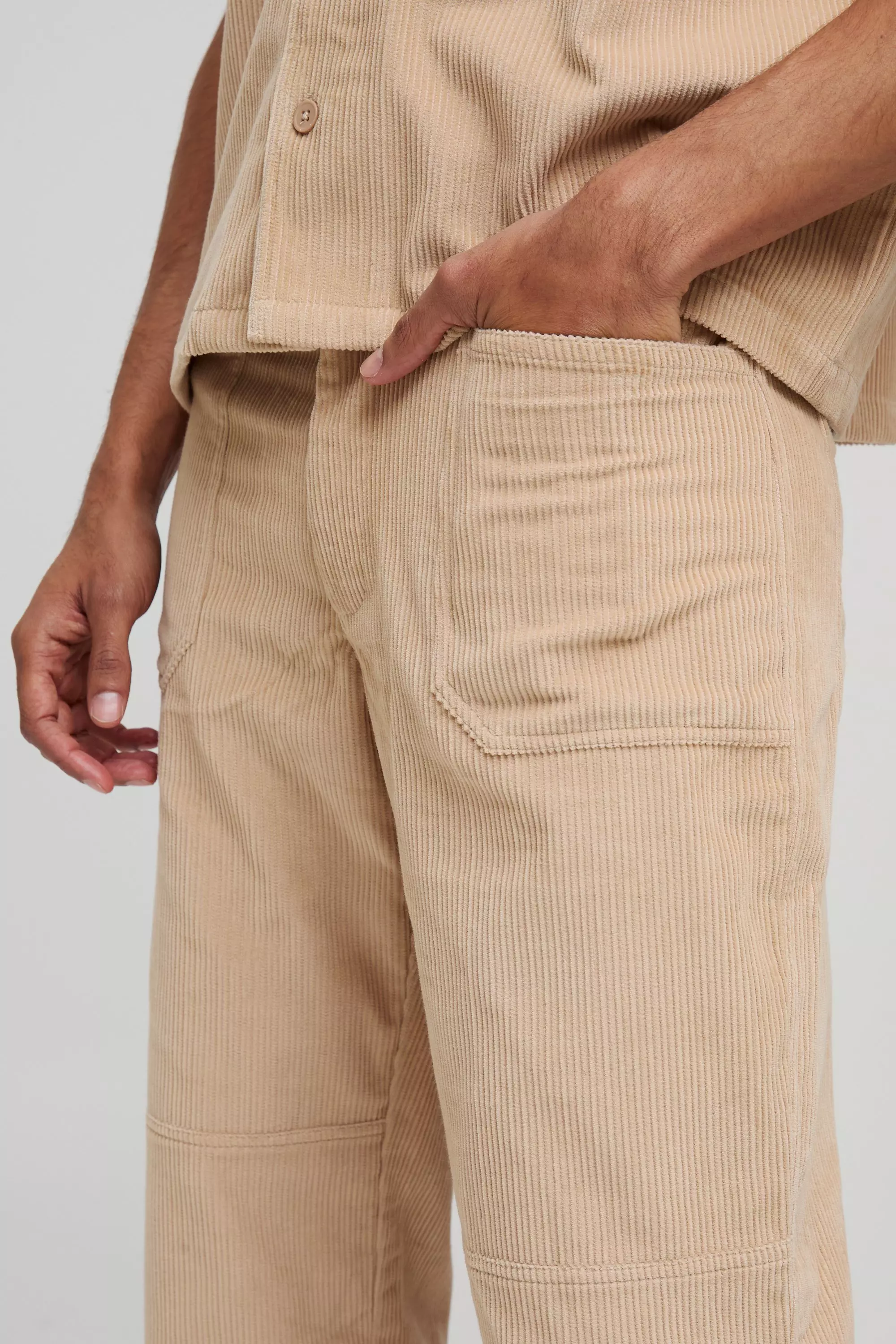 Sand Straight Acid Wash Corduroy Panel Trousers alternative image