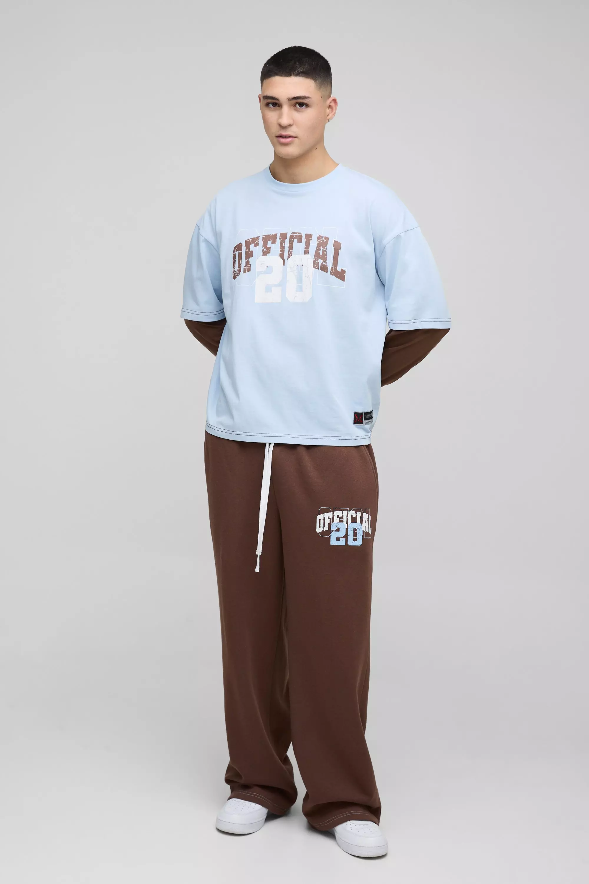 Oversized Boxy Faux Layer Varsity Print T-Shirt Wide Leg Jogger Set Brown