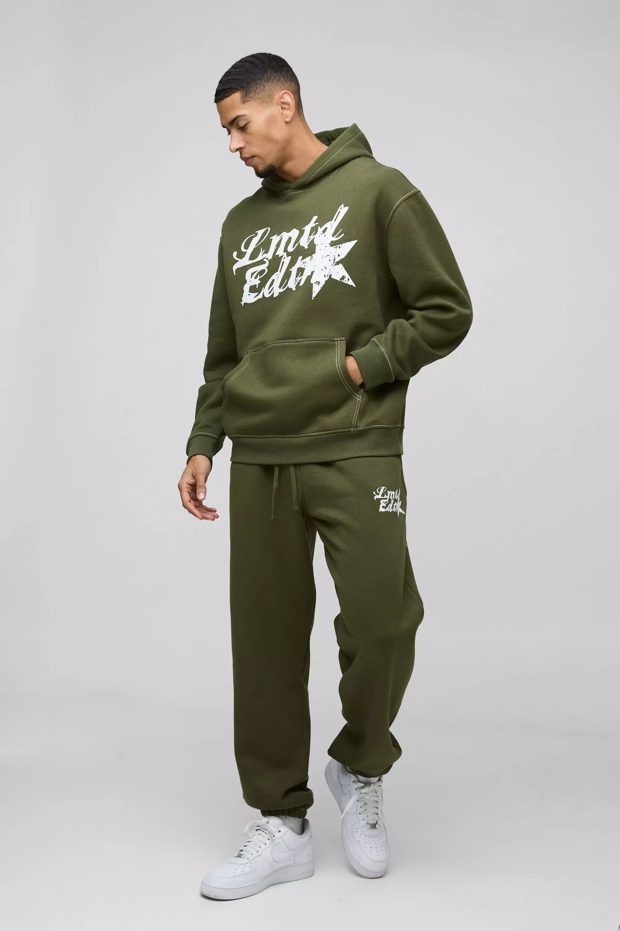 Oversized Contrast Stitch Limited Edition Printed Hooded Tracksuit Khaki