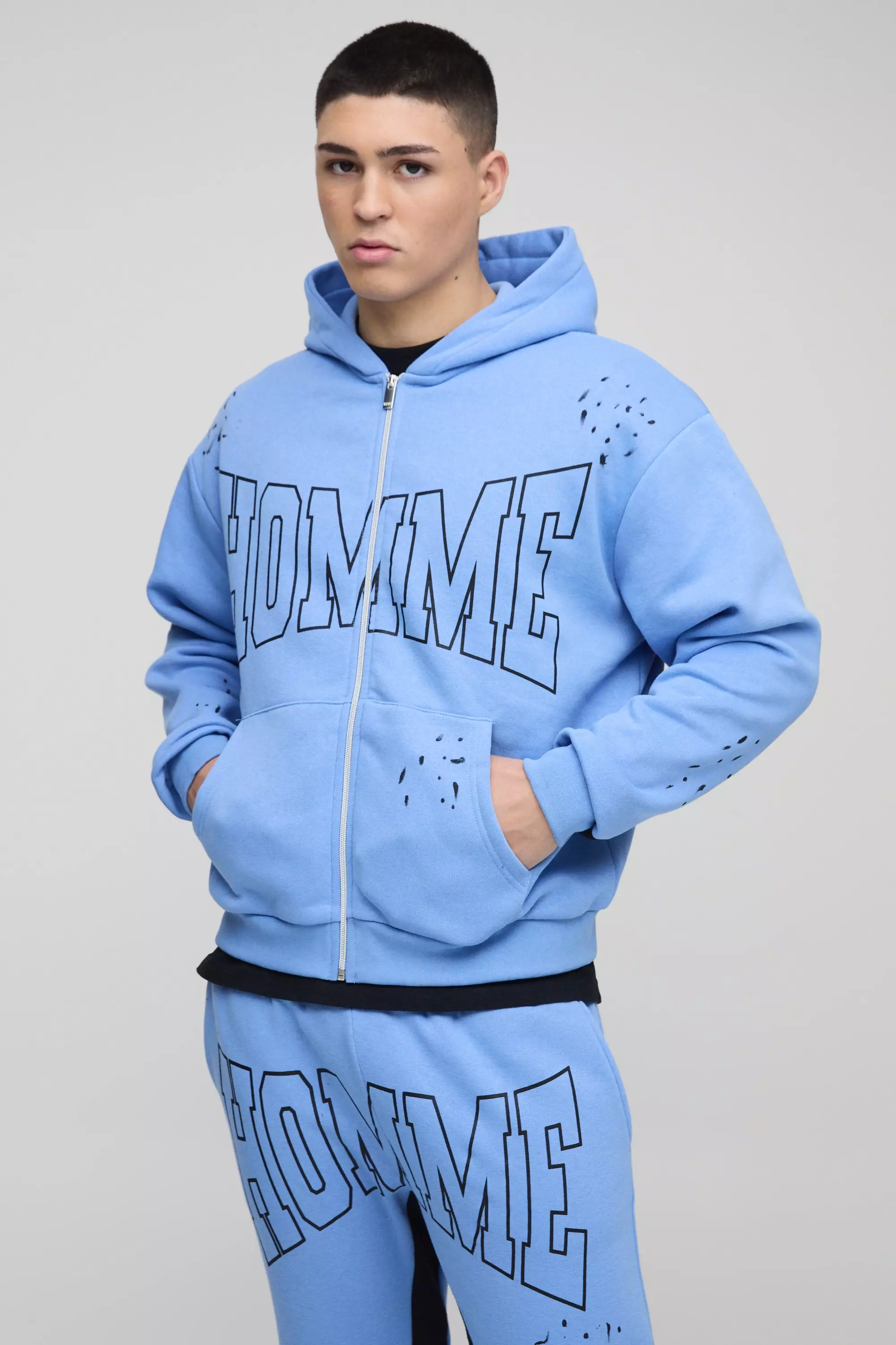 Sweat à capuche oversize zippé à imprimé D, Cobalt autre image
