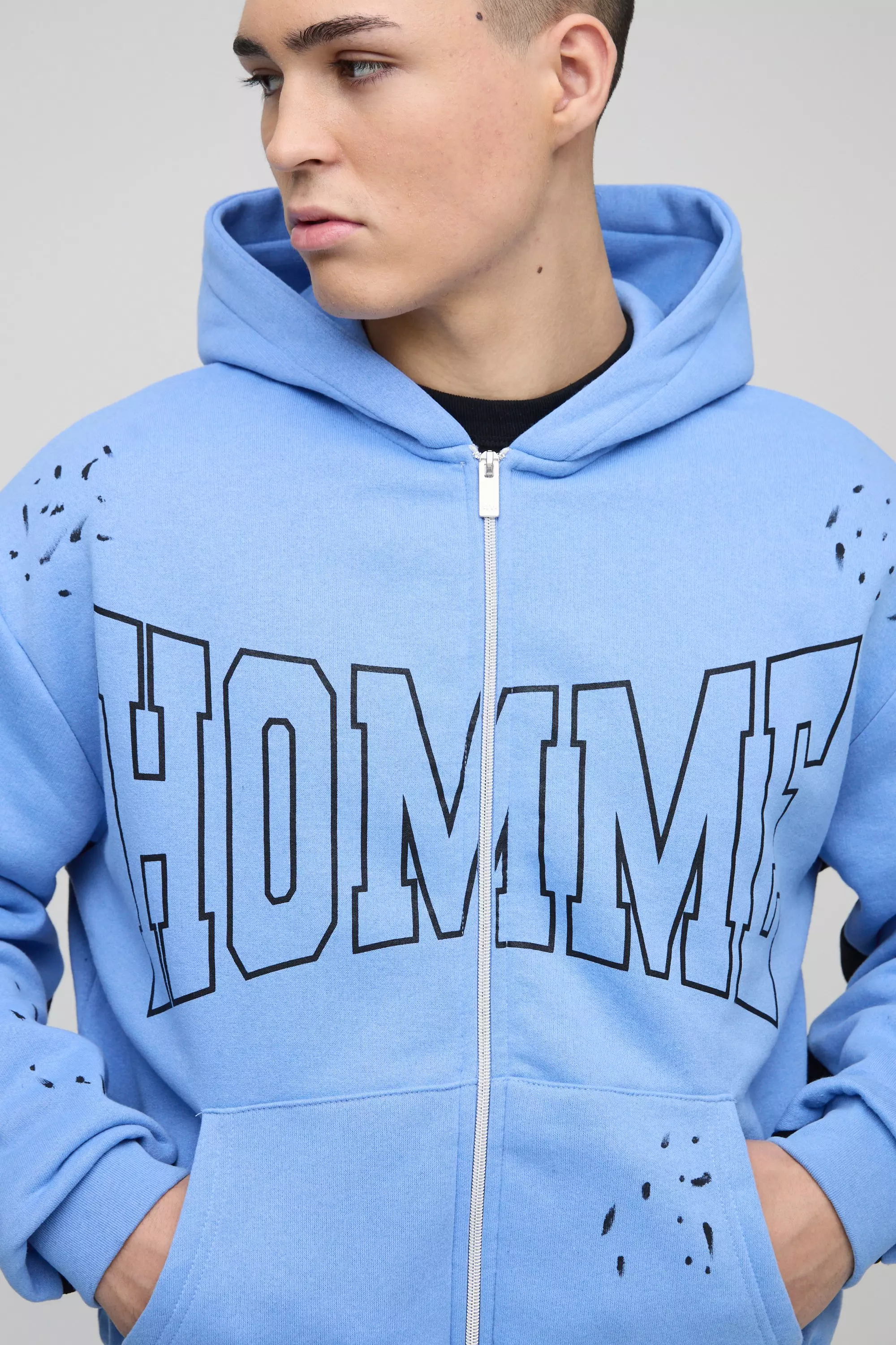 Sweat à capuche oversize zippé à imprimé D, Cobalt autre image