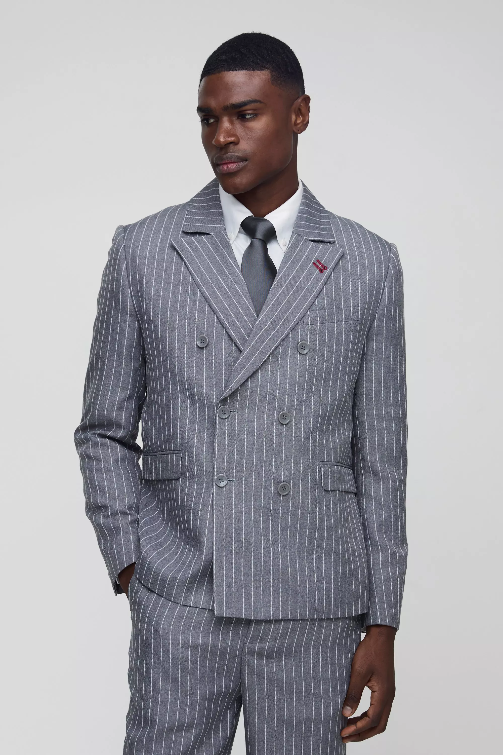 Blazer A Doppiopetto Rilassato A Righe Verticali, Charcoal immagine alternativa