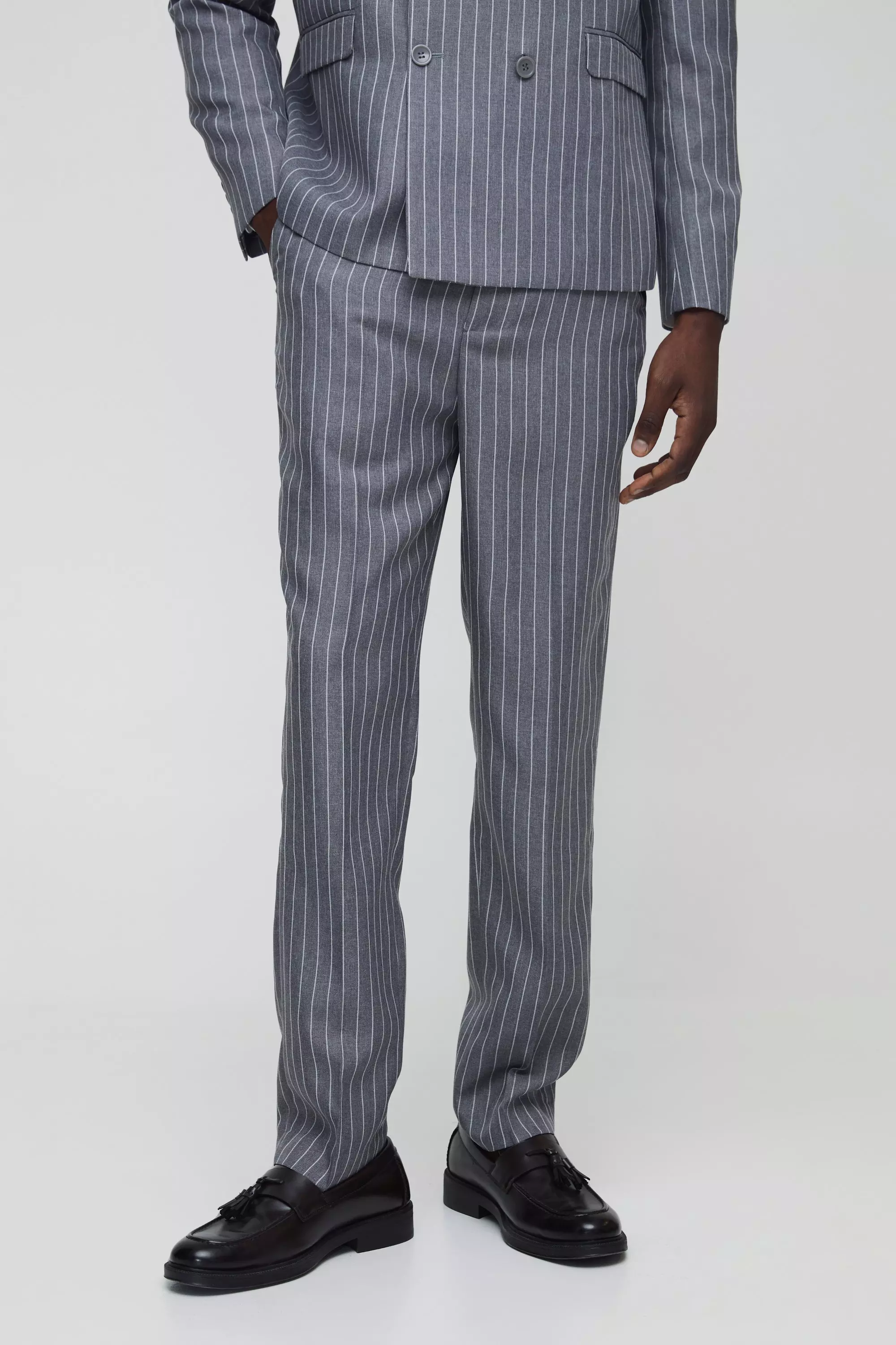 Blazer A Doppiopetto Rilassato A Righe Verticali, Charcoal immagine alternativa