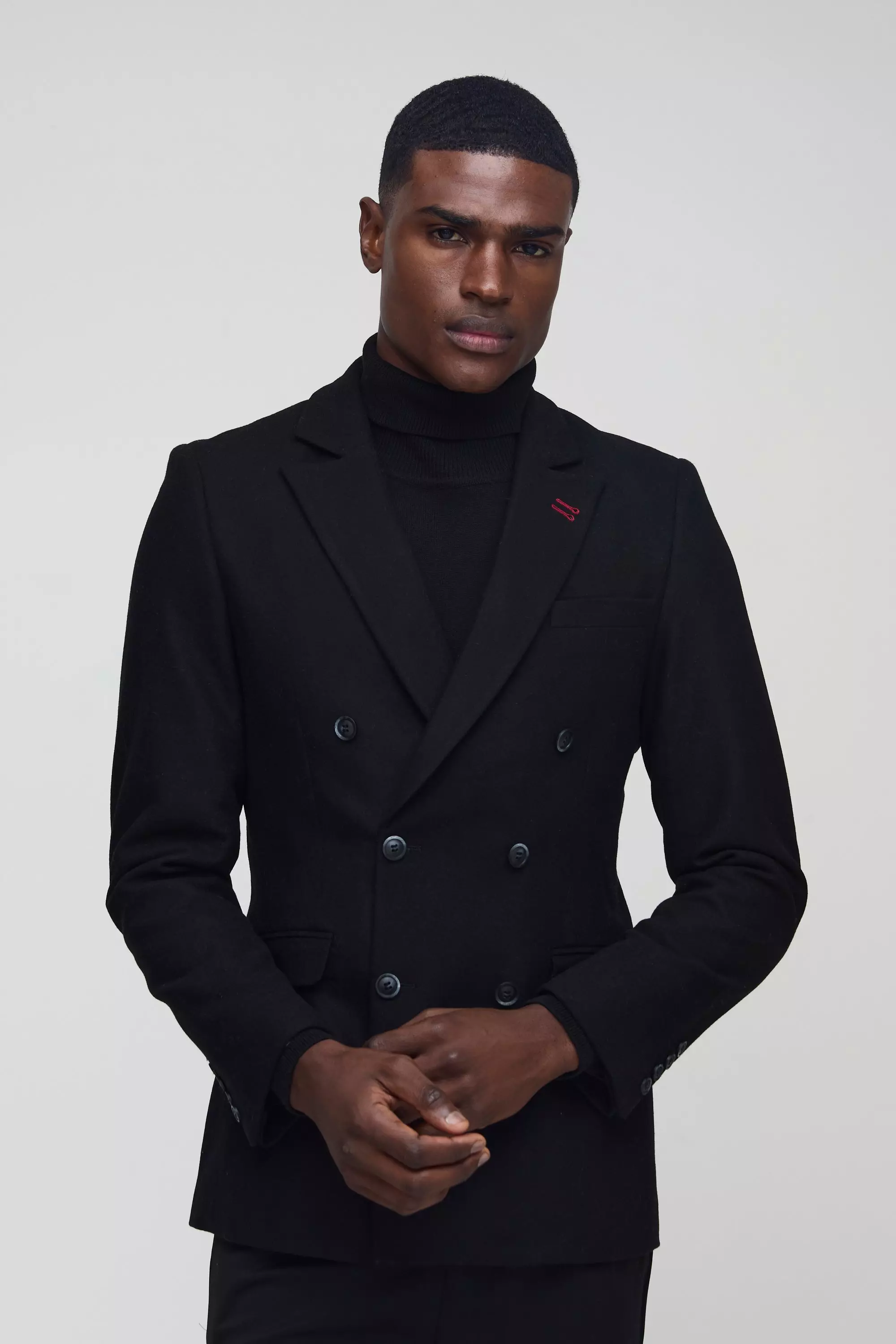 Black Slim Fit Double Breasted Textured Blazer alternative image