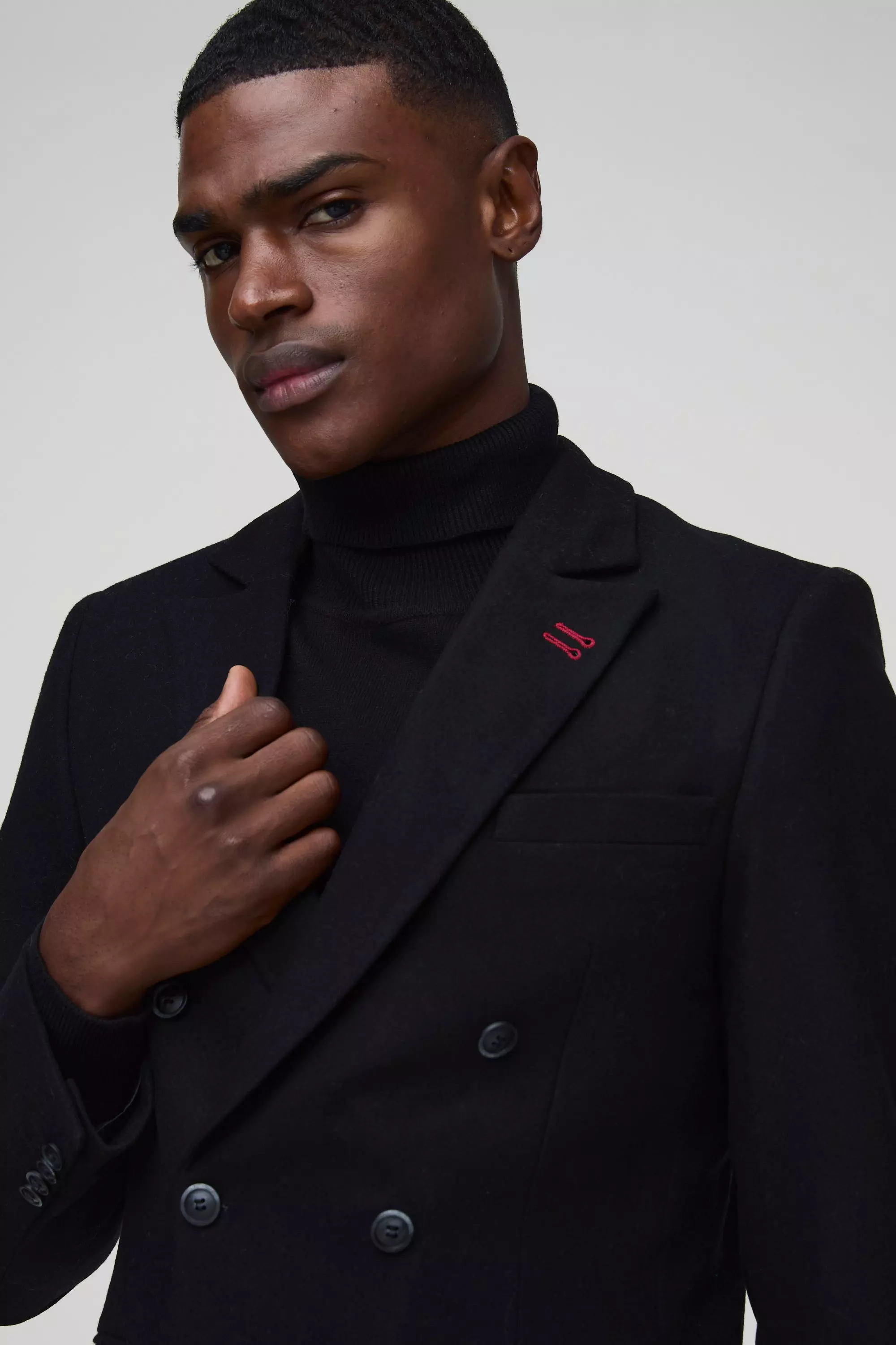 Black Slim Fit Double Breasted Textured Blazer alternative image