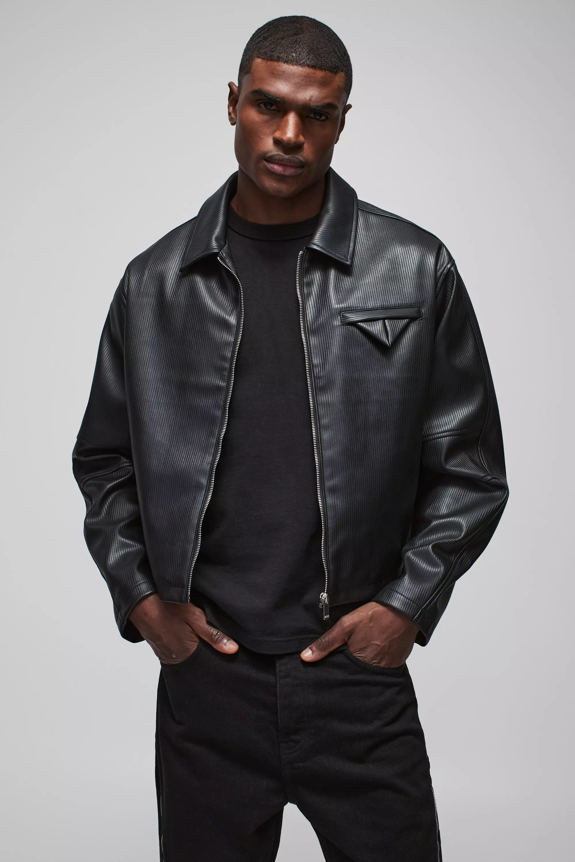 Black Oversized Boxy PU Pleated Harrington Jacket alternative image