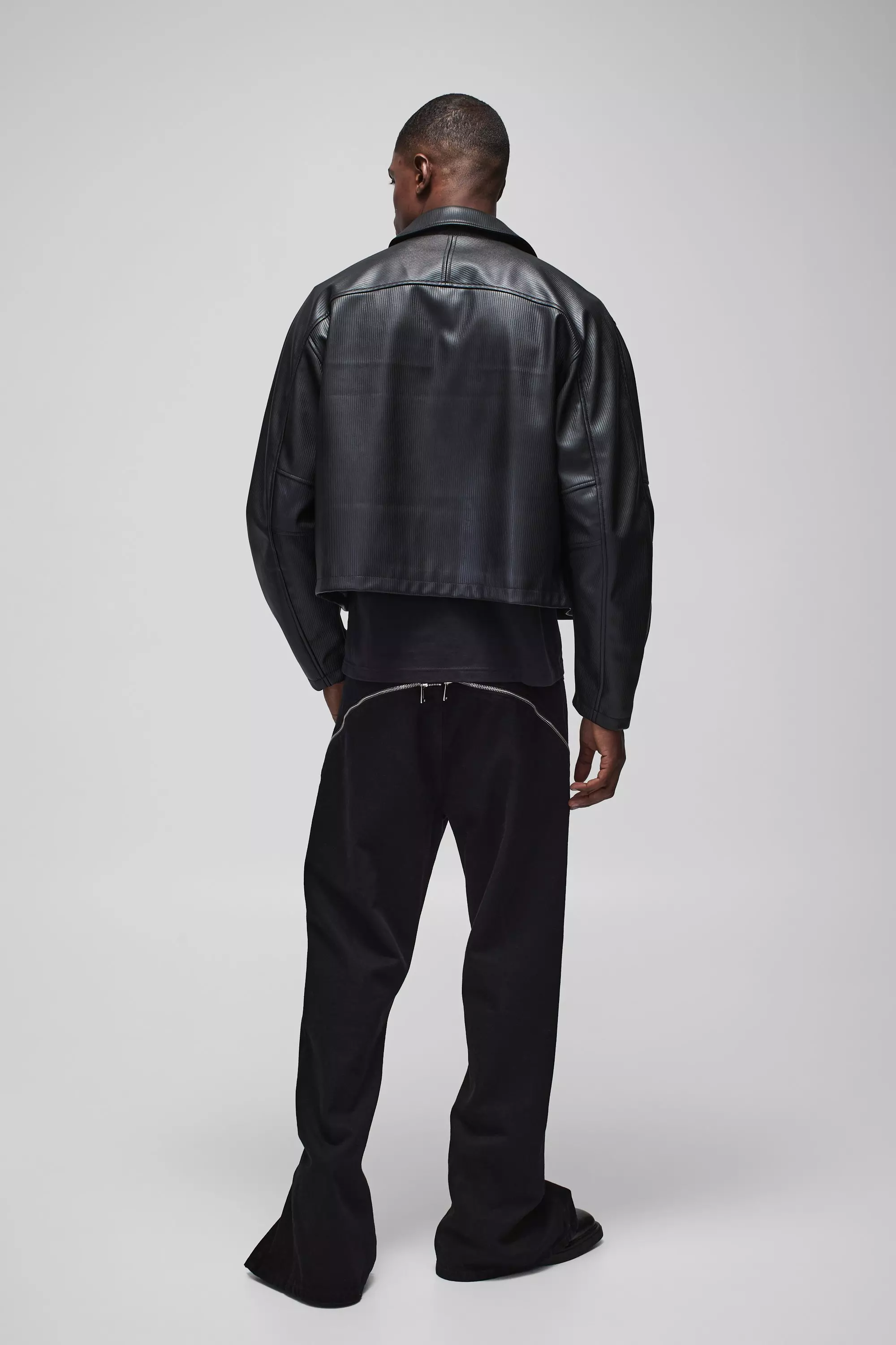 Black Oversized Boxy PU Pleated Harrington Jacket alternative image