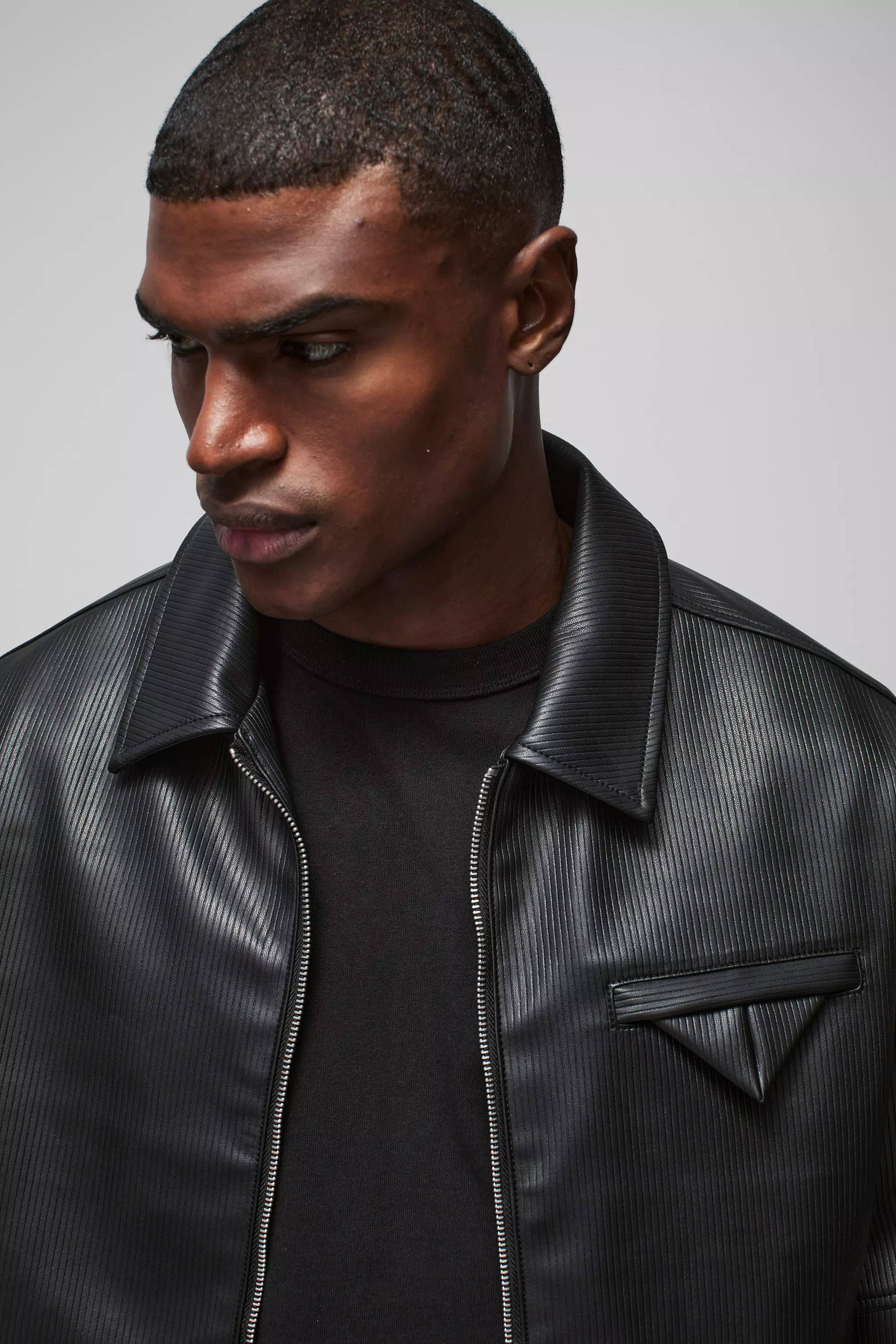 Black Oversized Boxy PU Pleated Harrington Jacket alternative image