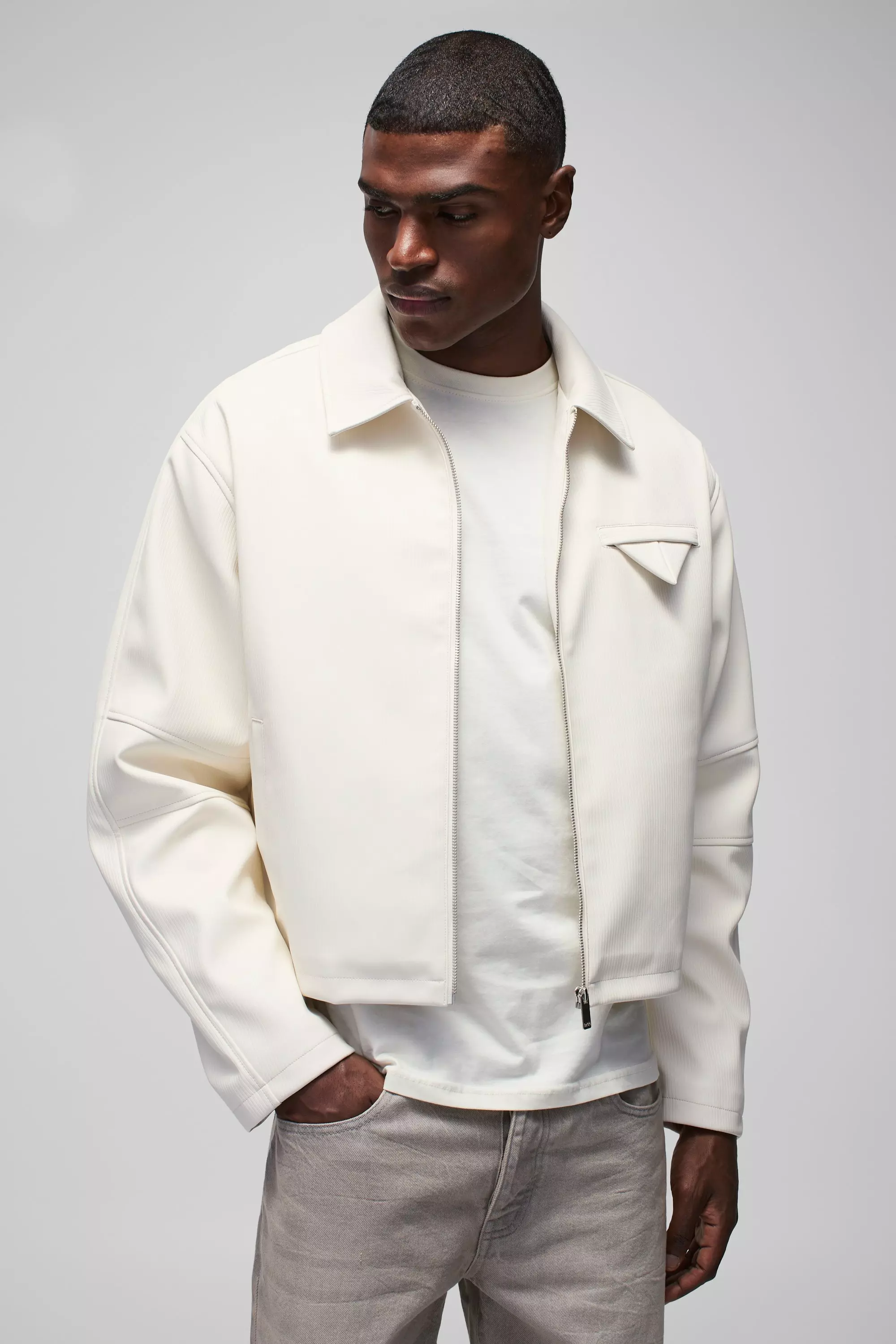 Ecru Oversized Geplooide Boxy PU Harrington Jas alternatieve afbeelding