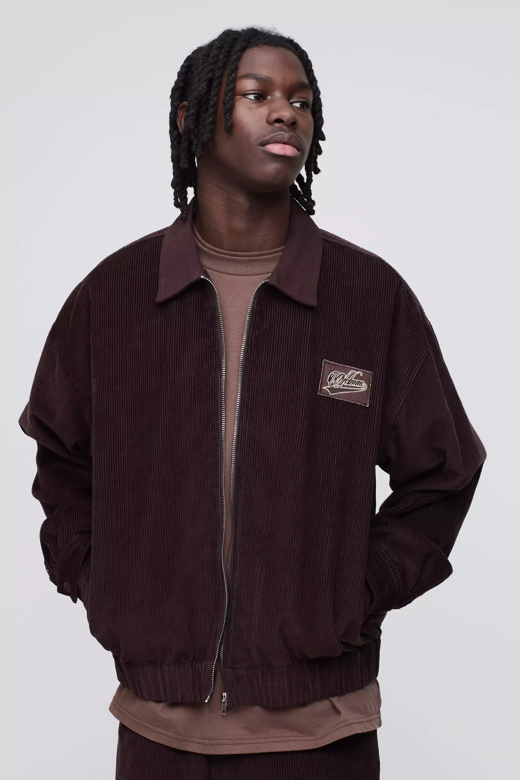 Oversized Boxy Varsity Badge Corduroy Bomber Jacket Chocolate