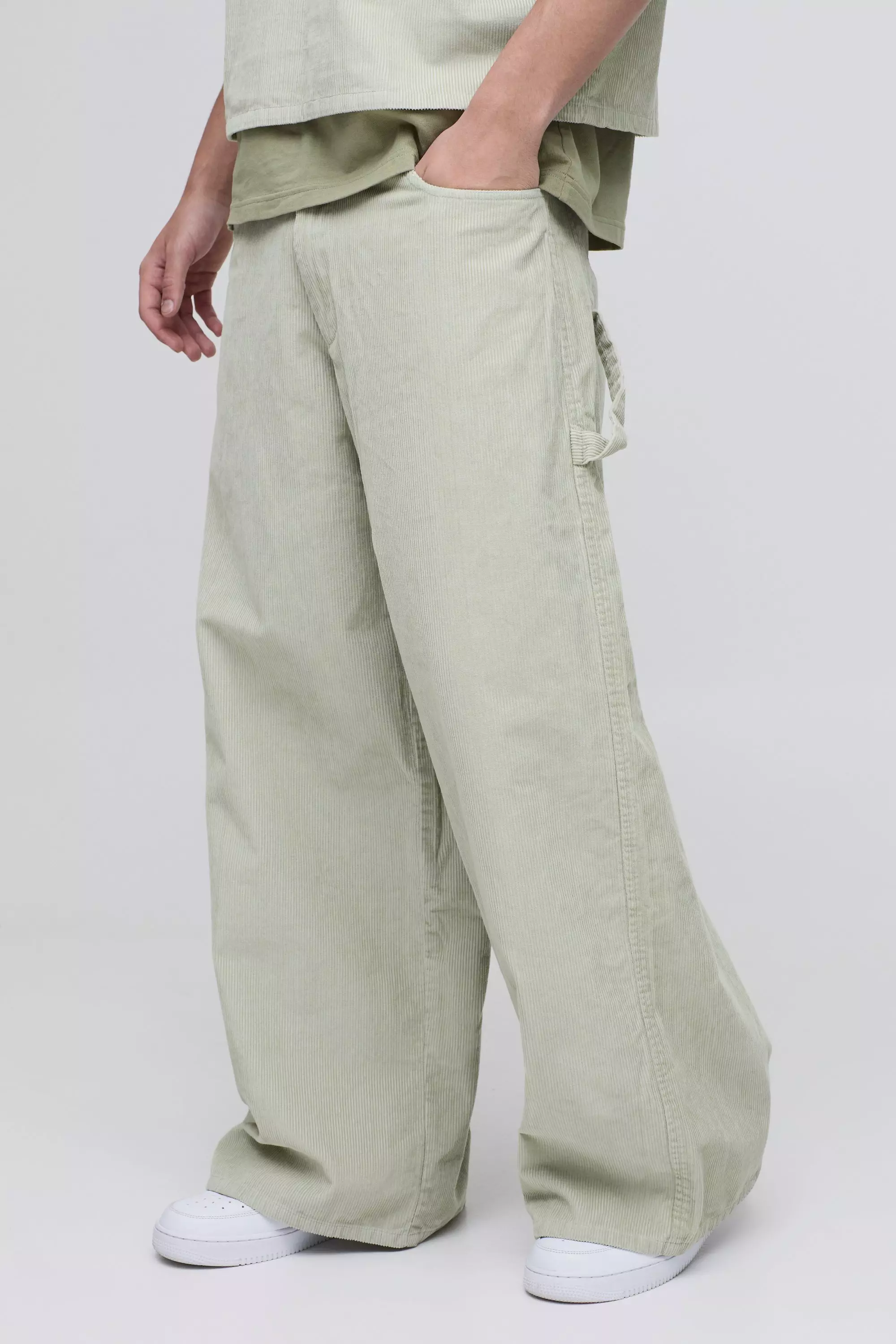 Super Baggy Acid Wash Carpenter Corduroy Trousers Sage