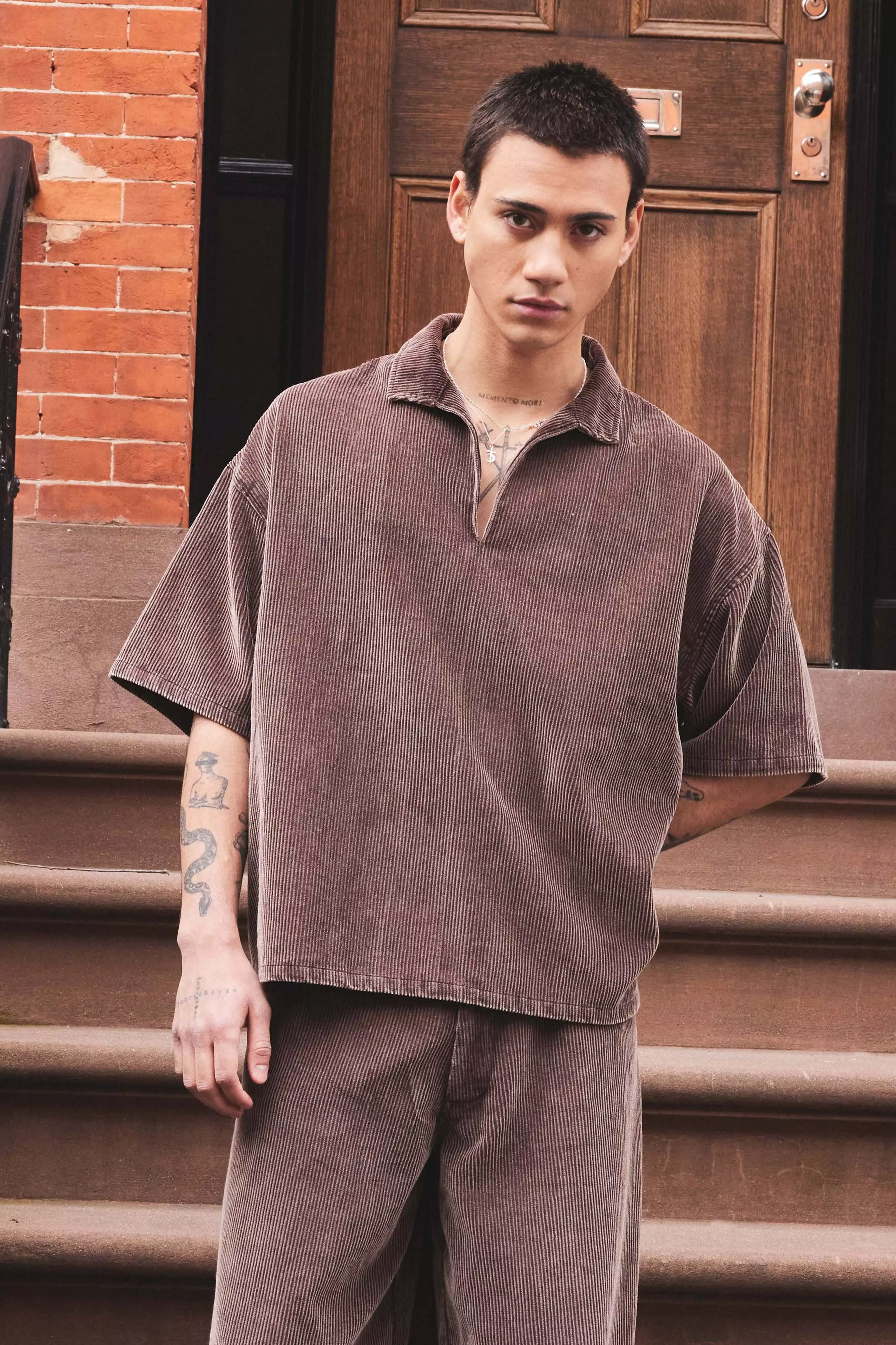 Chocolate Oversized Boxy Acid Wash Corduroy Polo Shirt alternative image
