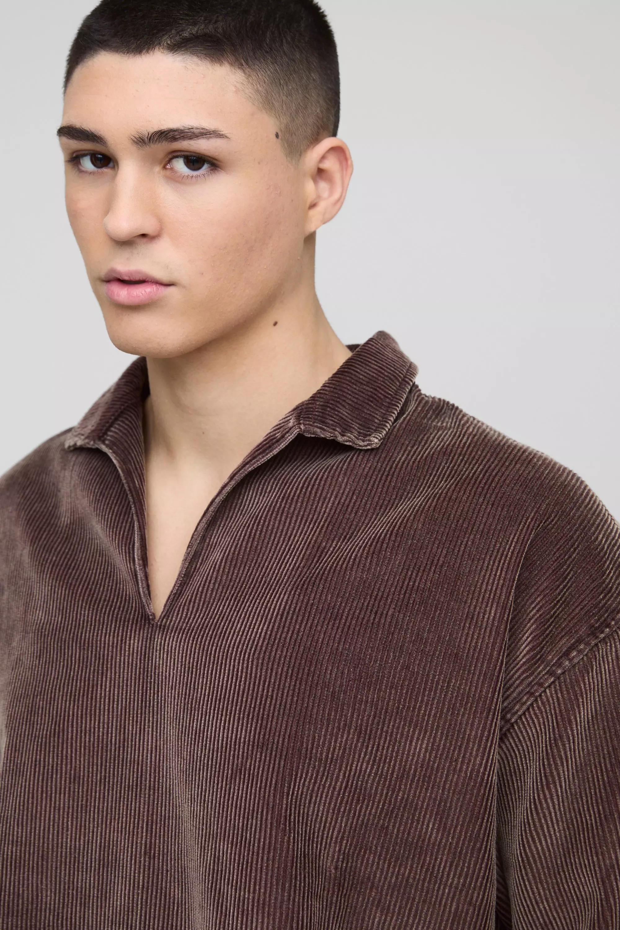 Chocolate Oversized Boxy Acid Wash Corduroy Polo Shirt alternative image