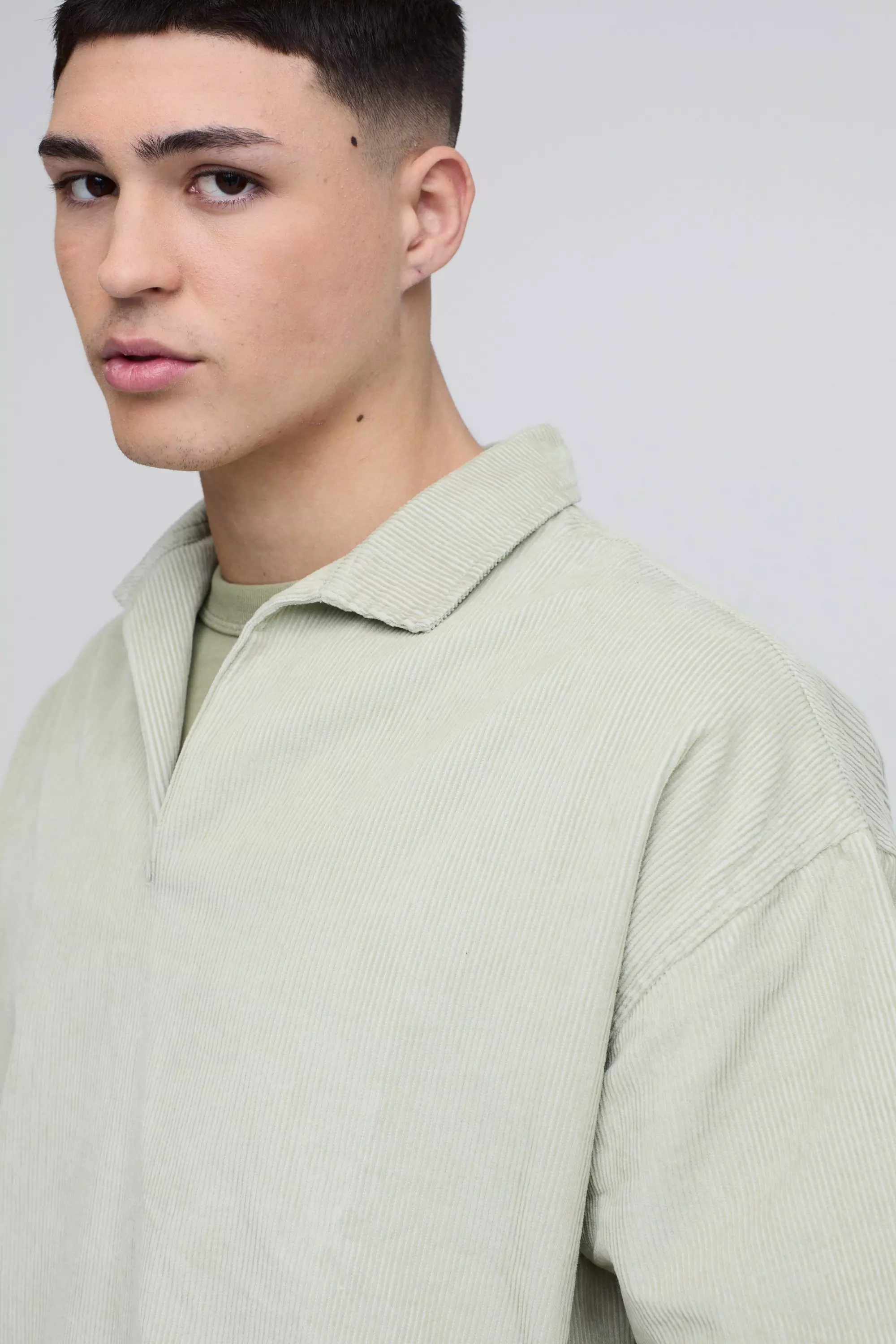 Sage Oversized Boxy Acid Wash Corduroy Polo Shirt alternative image