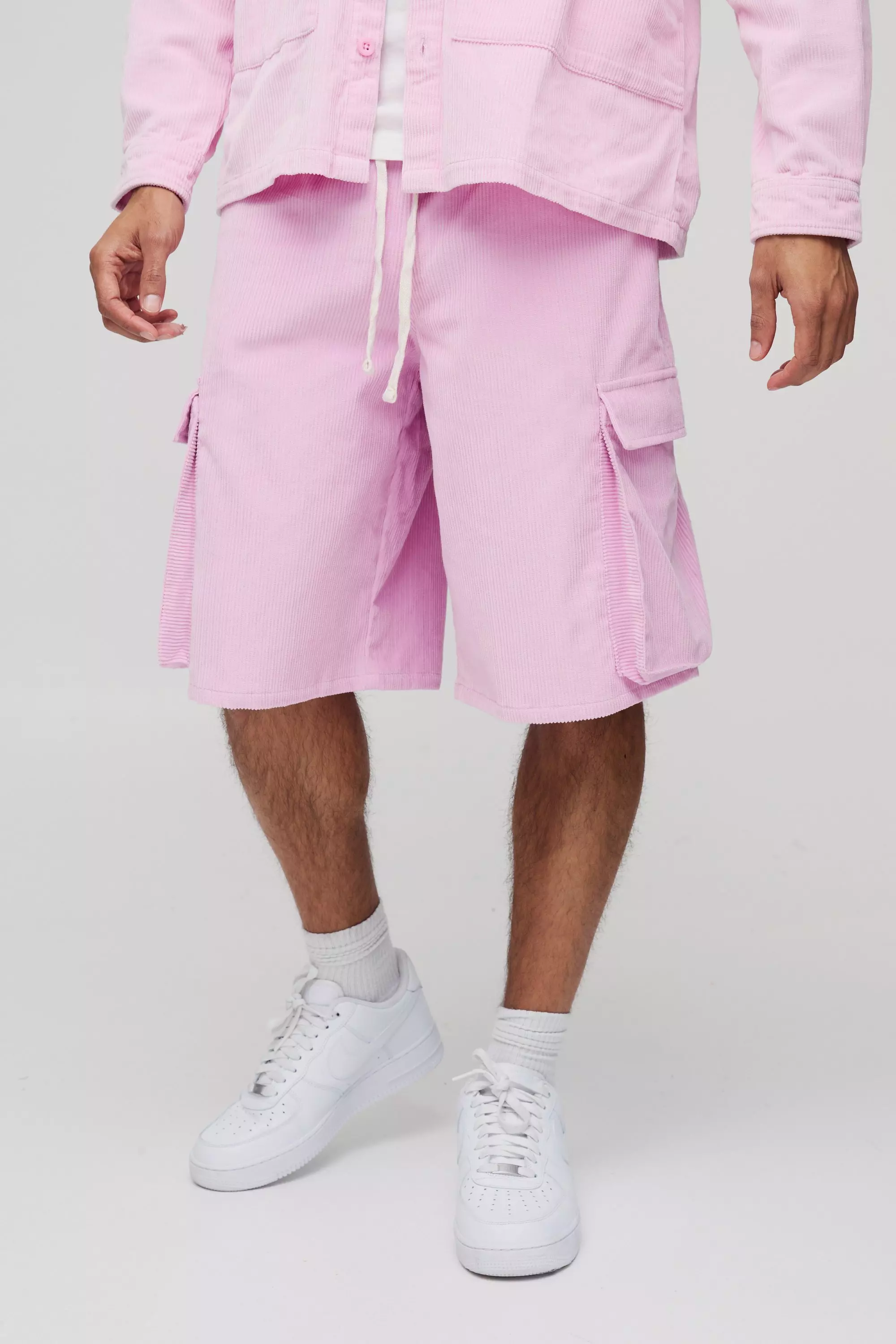 Pink Elasticated Waist Baggy Corduroy Cargo Shorts alternative image