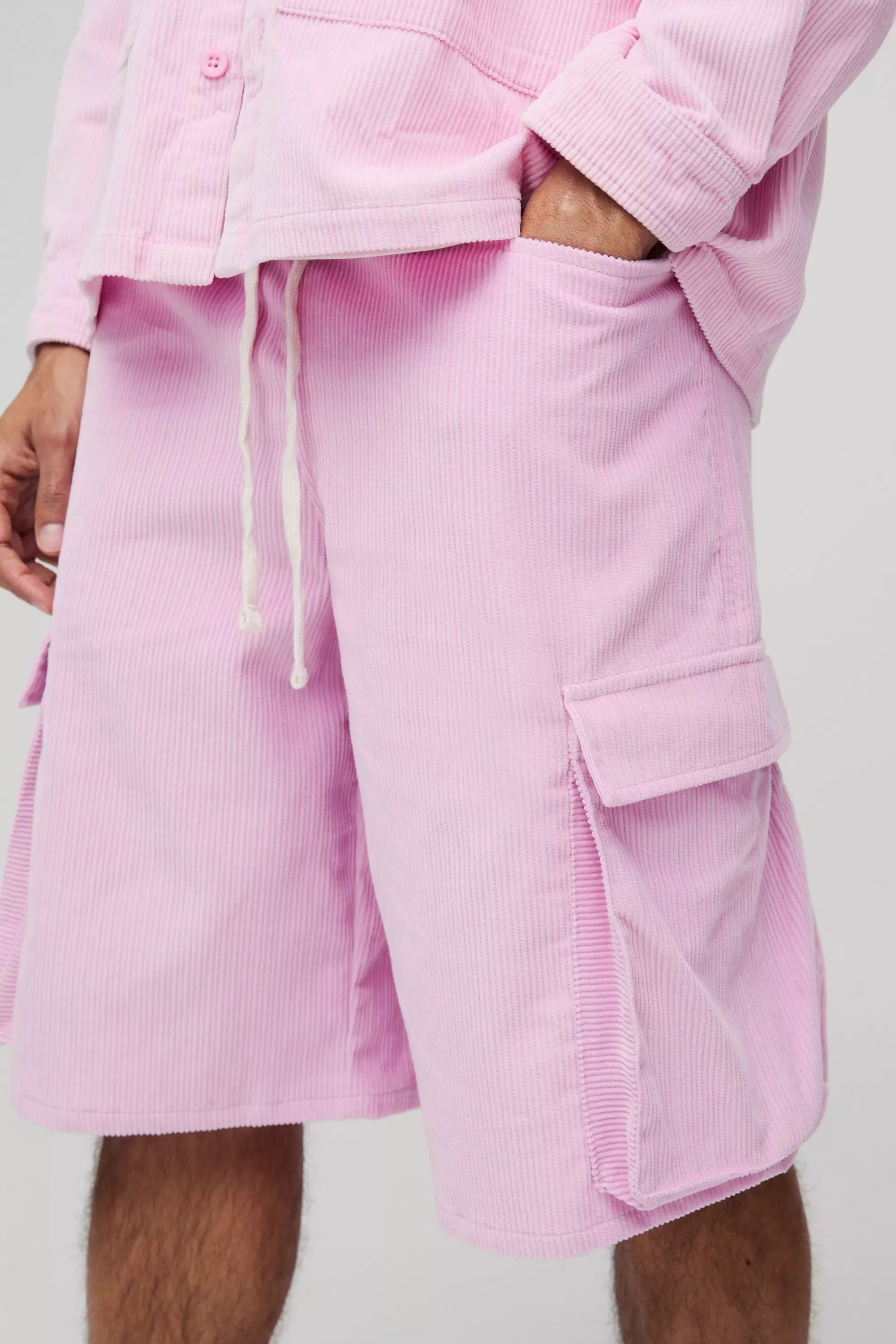 Pink Elasticated Waist Baggy Corduroy Cargo Shorts alternative image