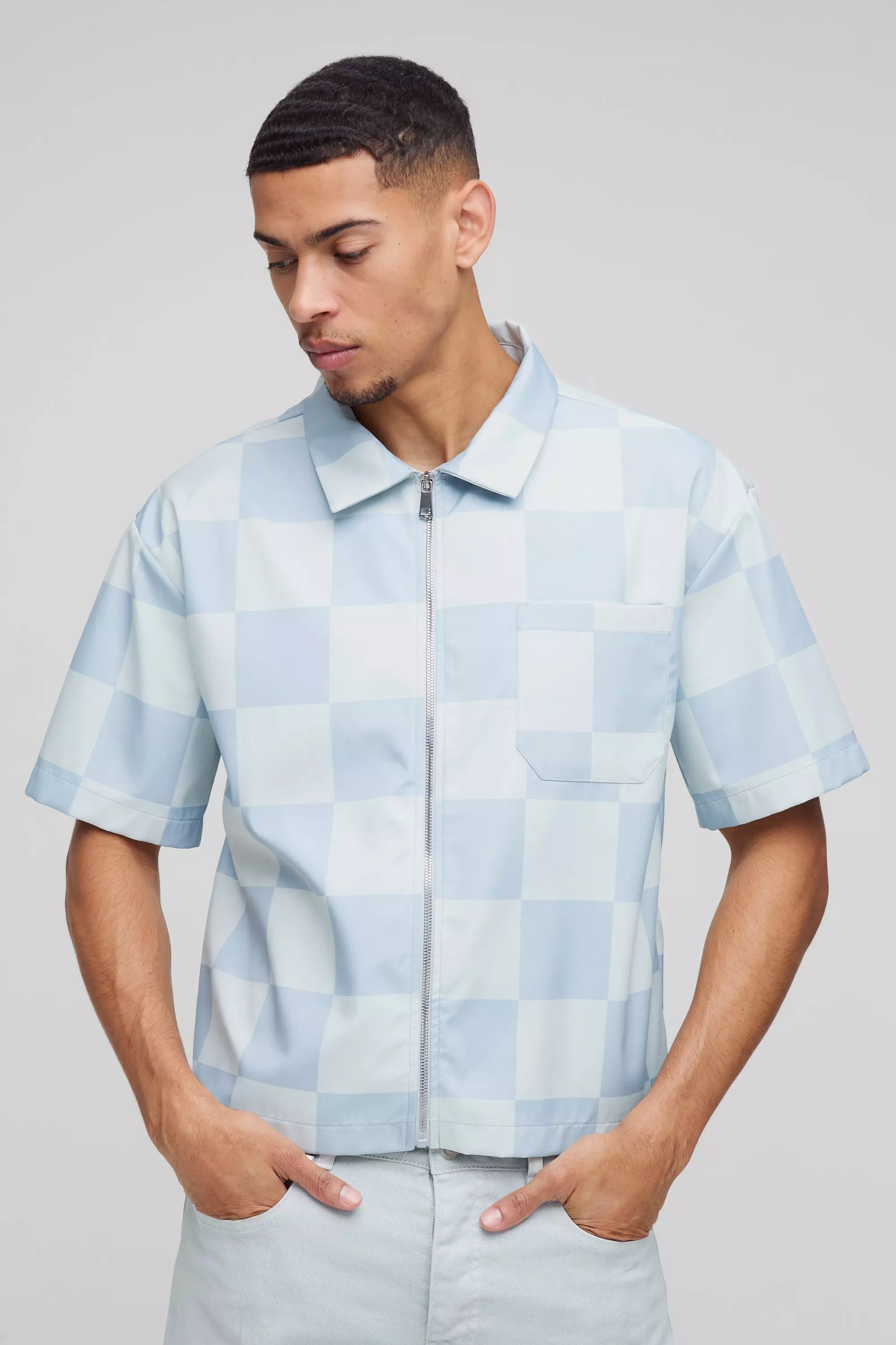 Oversized Boxy Checkerboard Collared Shirt Blue