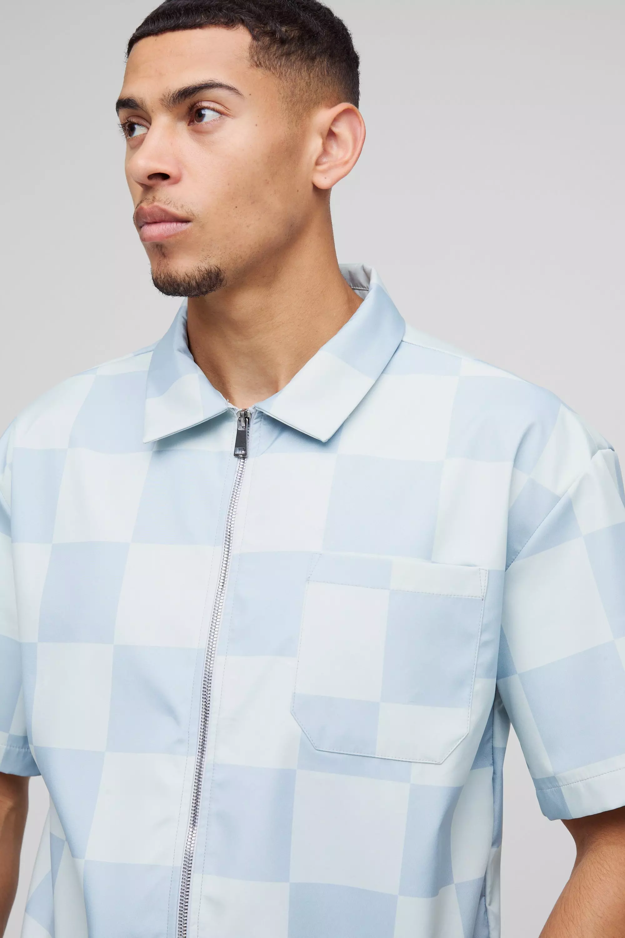 Camicia Squadrata Oversize A Scacchi Con Colletto, Blue immagine alternativa