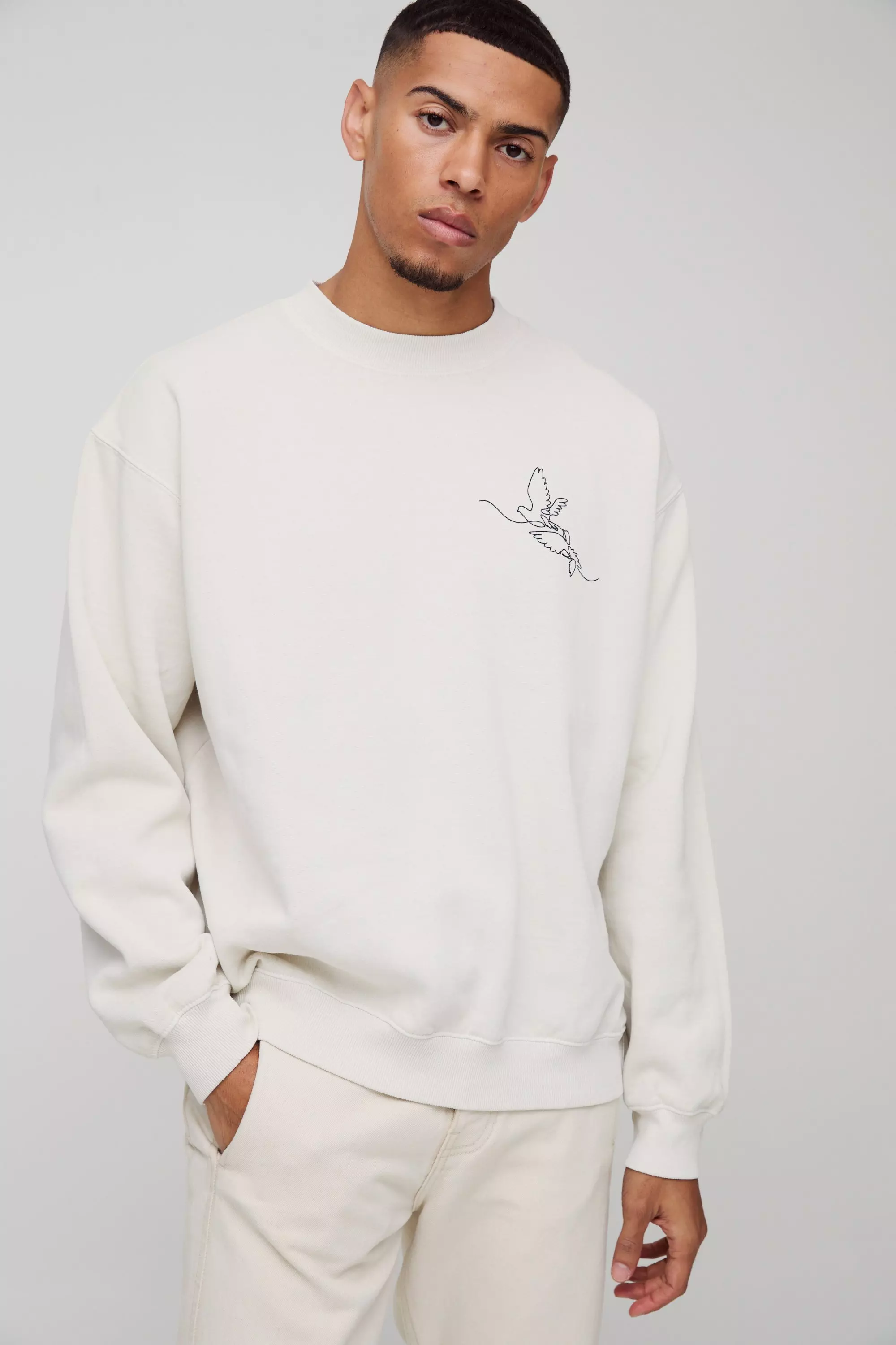 Ecru White Oversized Line Drawing Bird Graphic Washed Sweatshirt