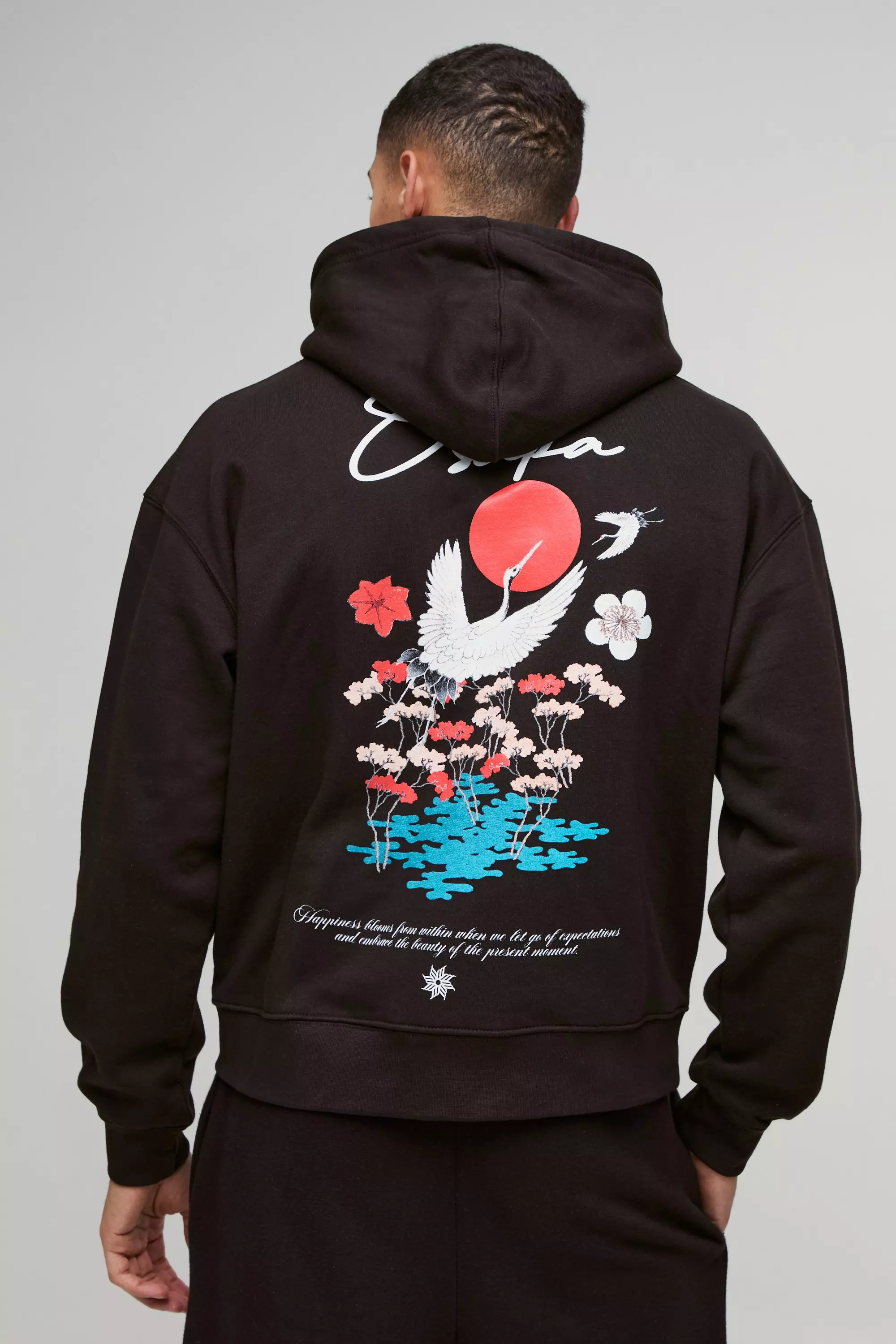 Black Oversized Boxy Osaka Bird Floral Graphic Zip Through Hoodie