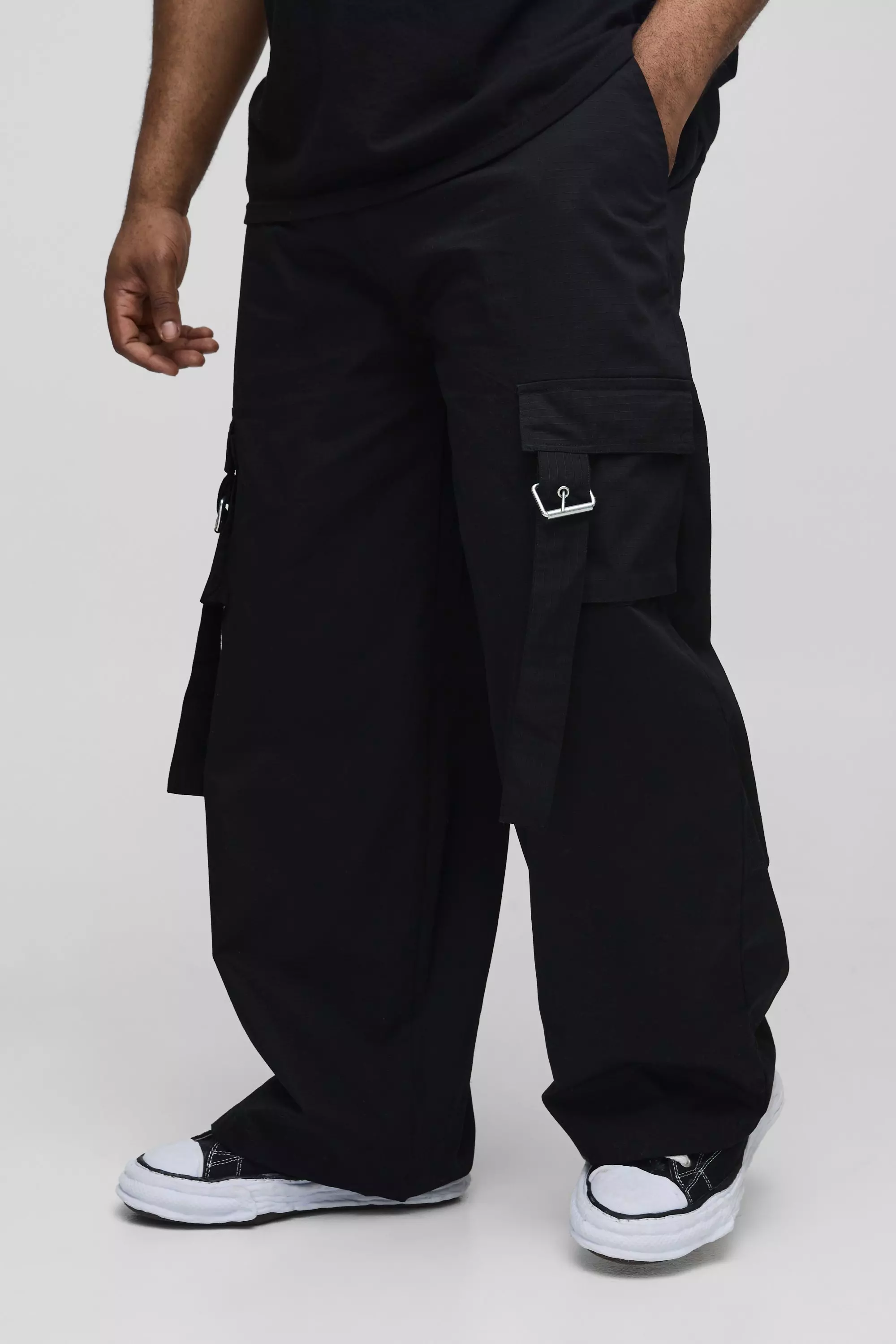 Black Plus Baggy Fit Ripstop Belt Buckle Detail Cargo Pants