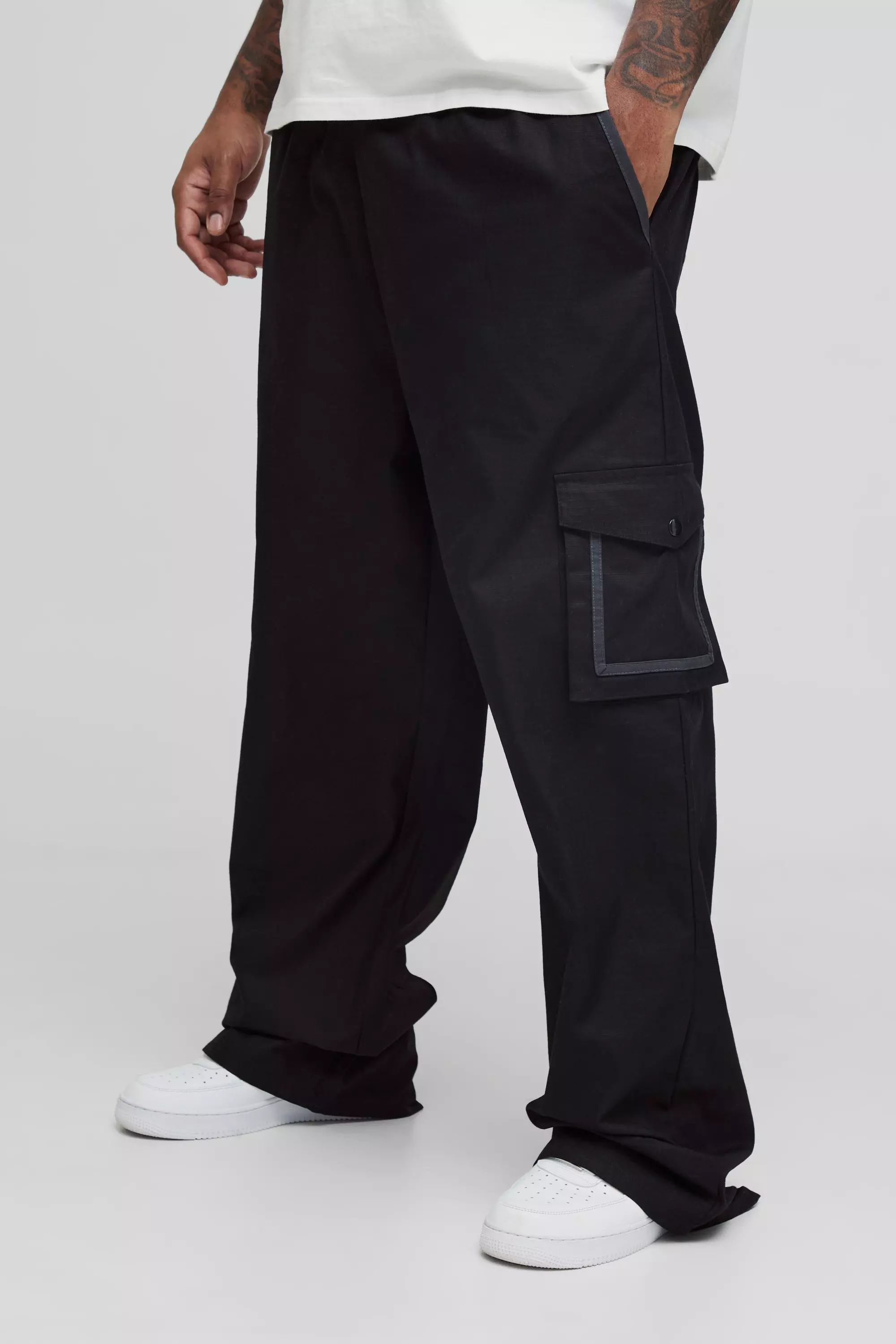 Plus Elasticated Relaxed Fit Ripstop Cargo Pants Black