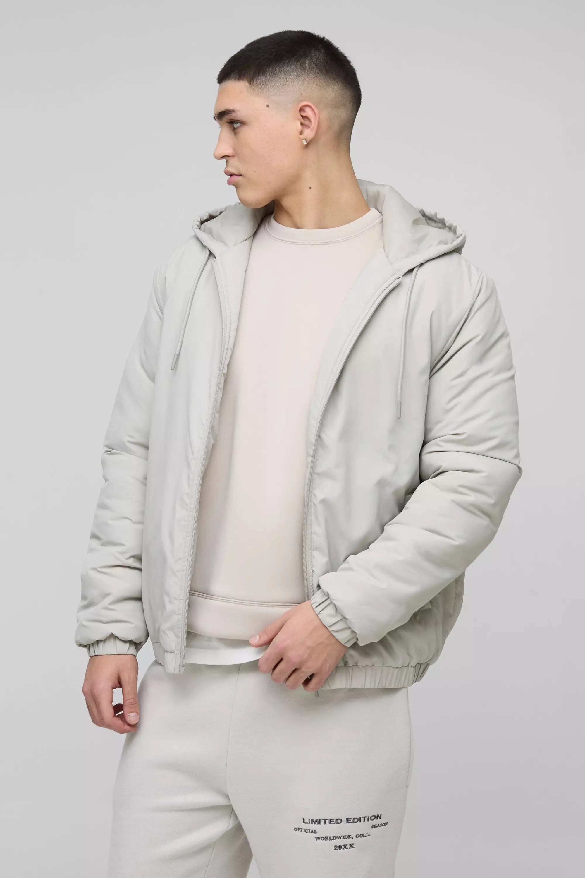 Regular Fit Hooded Lightweight Padded Bomber Jacket Stone