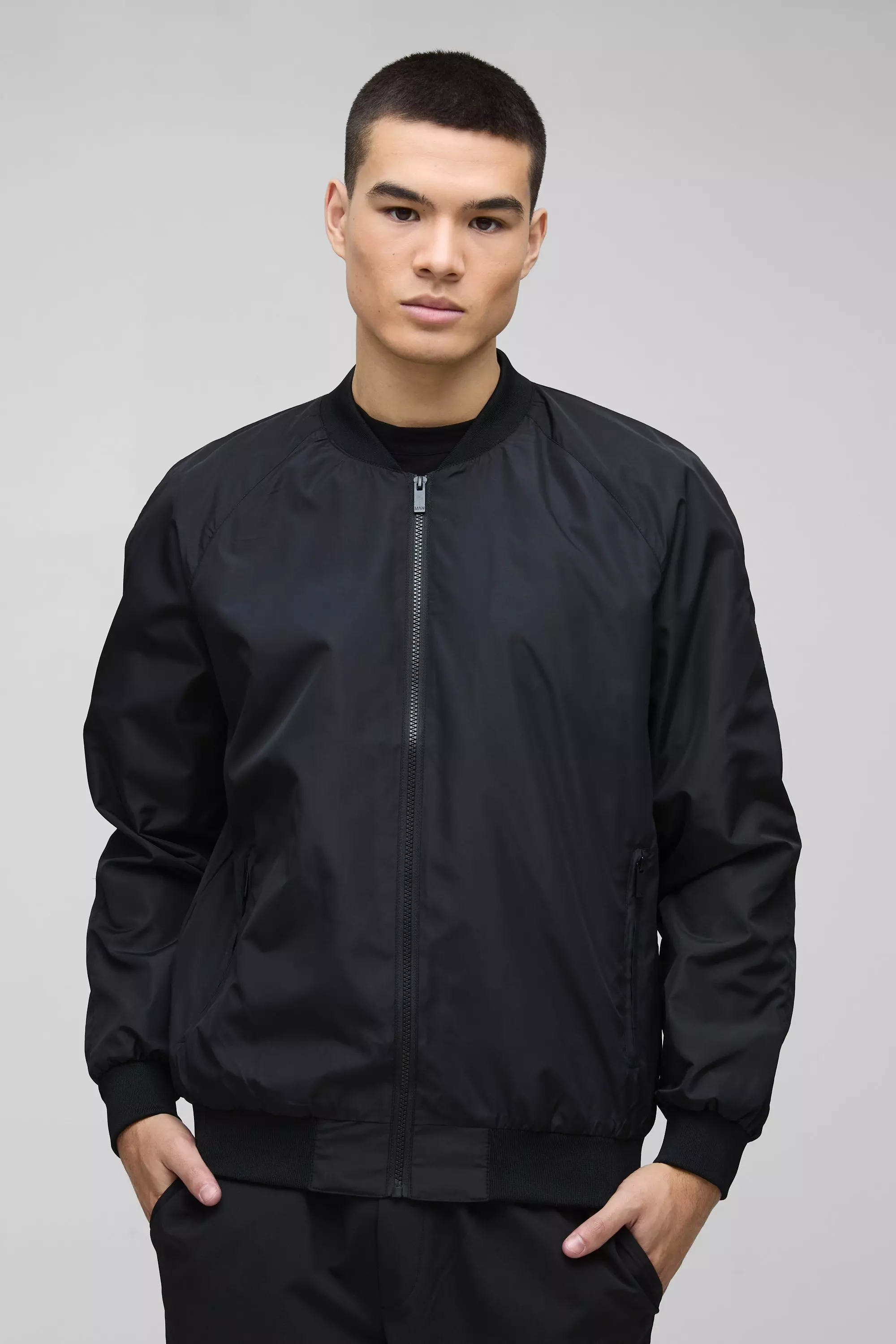 Black Regular Fit Lightweight Nylon Raglan Bomber Jacket