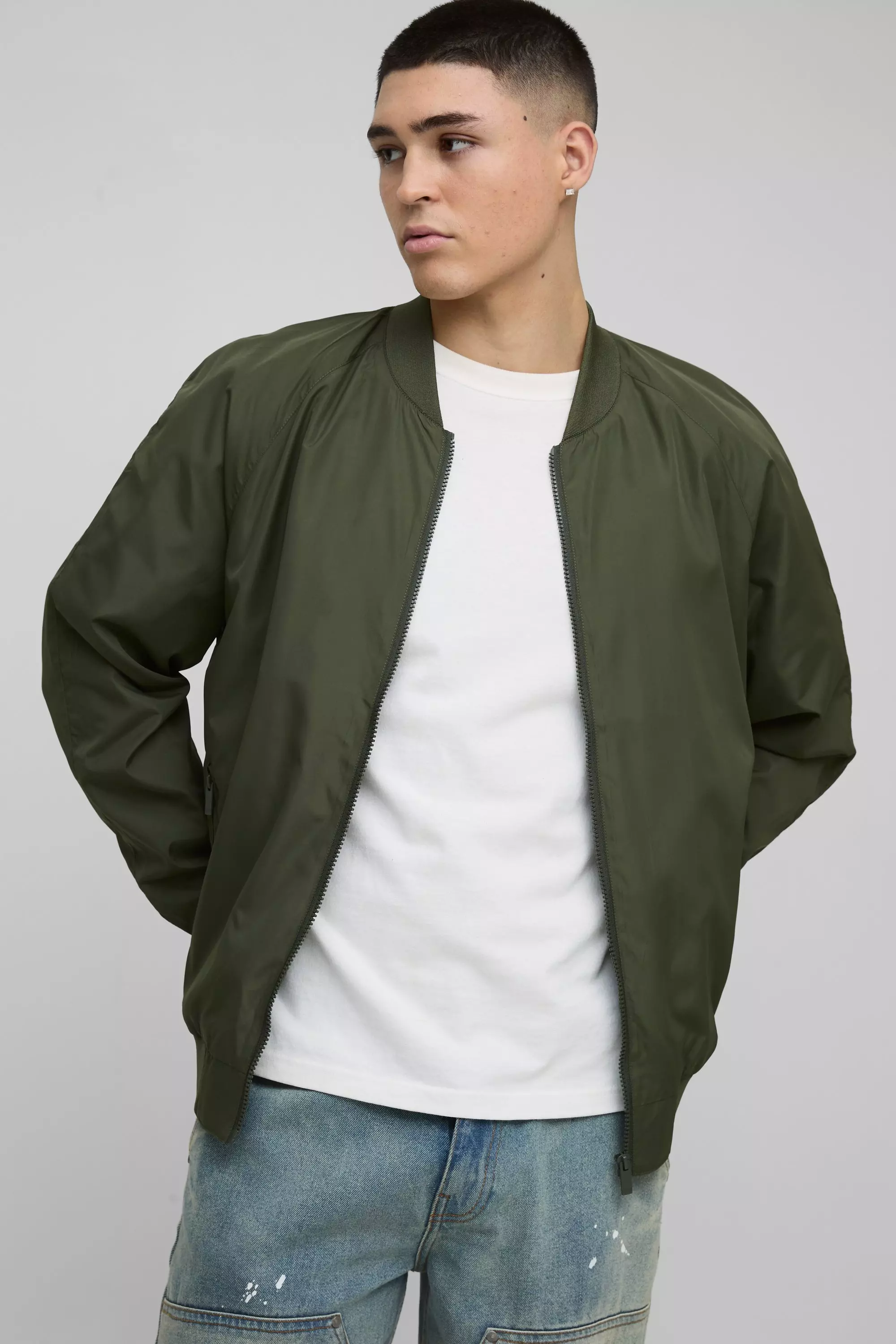 Regular Fit Lightweight Nylon Raglan Bomber Jacket Olive