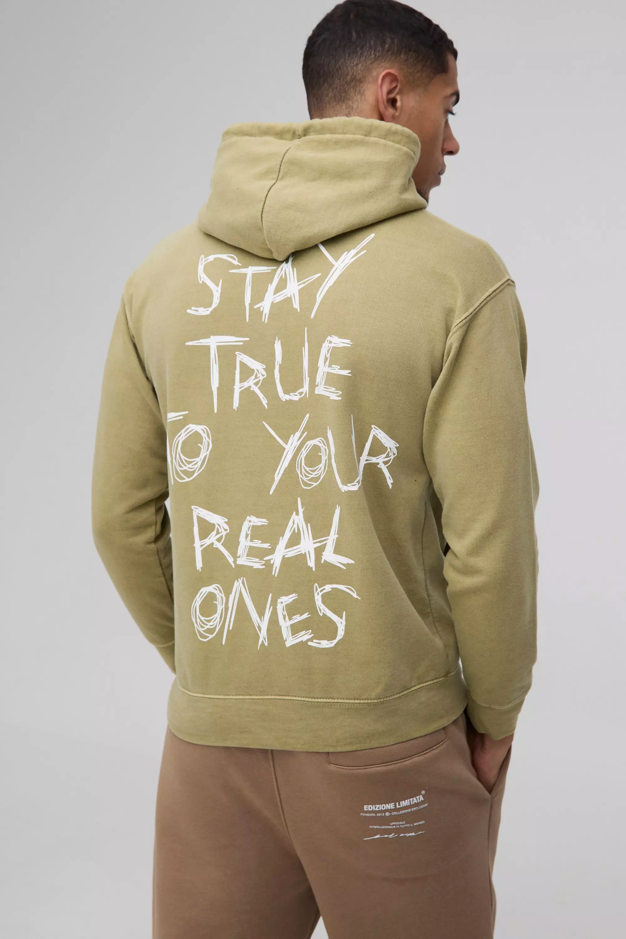 Sweat à capuche délavé à slogan Stay True, Olive autre image