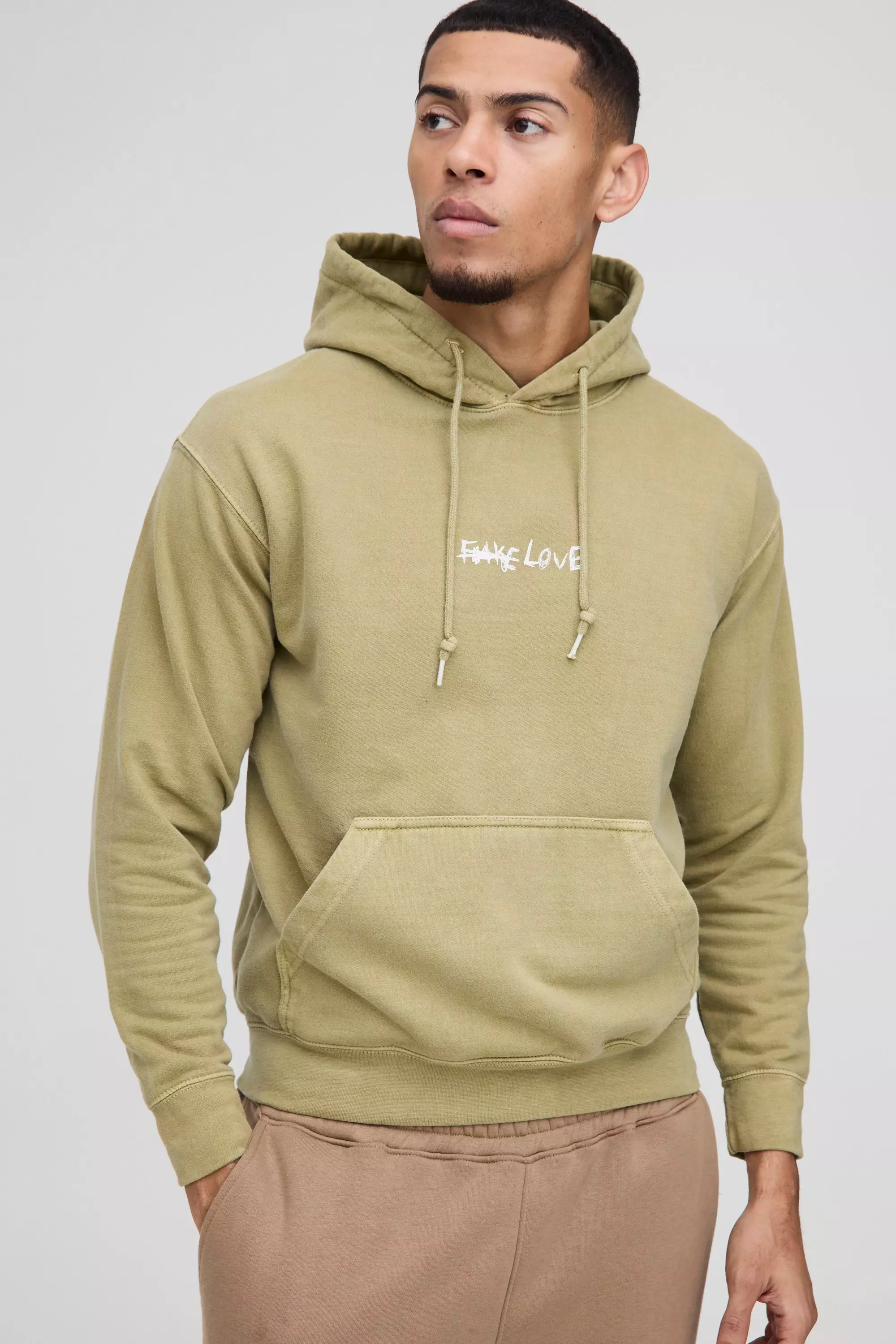 Sweat à capuche délavé à slogan Stay True, Olive autre image