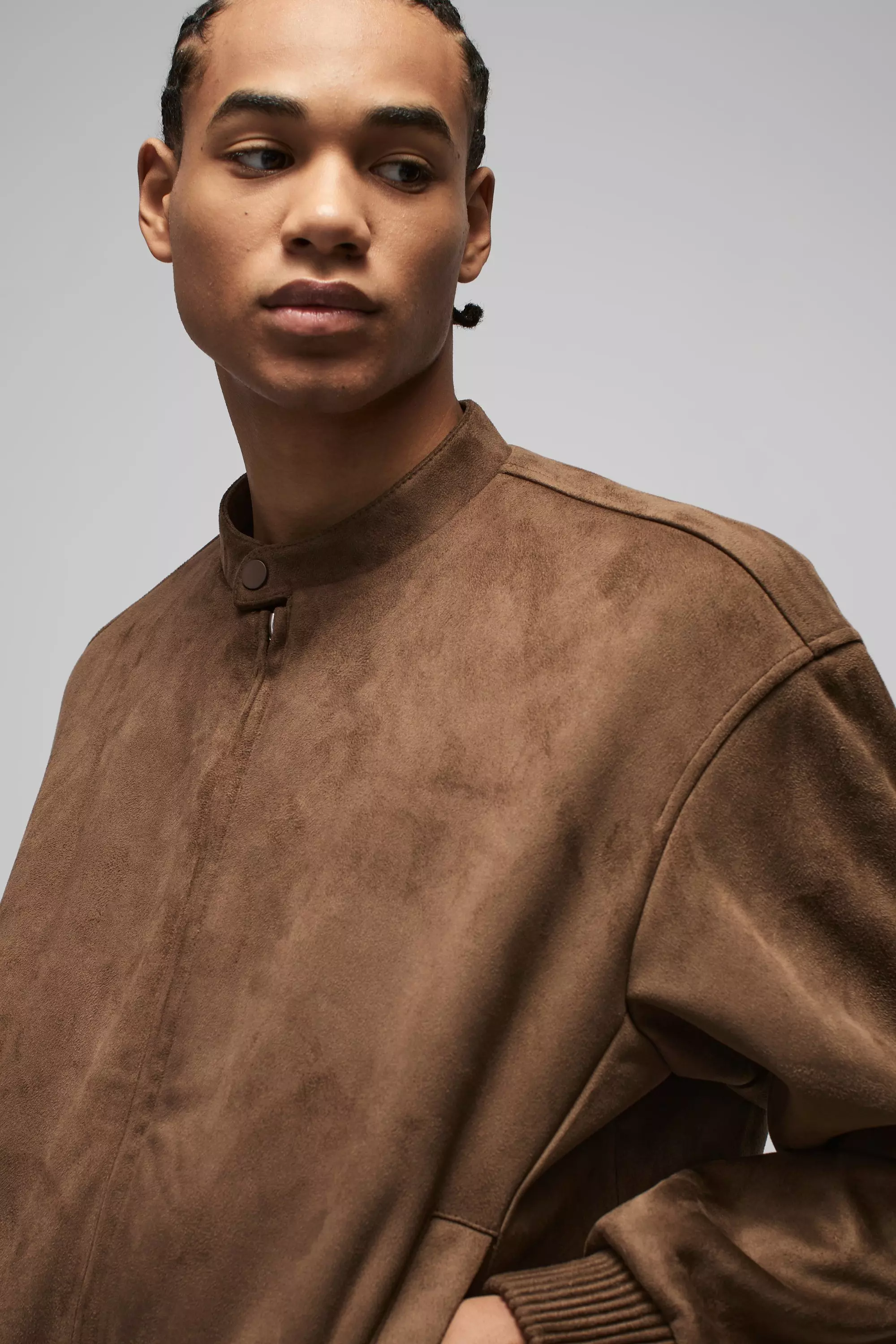 Chocolate Boxy Faux Suede Bomber Jacket alternative image