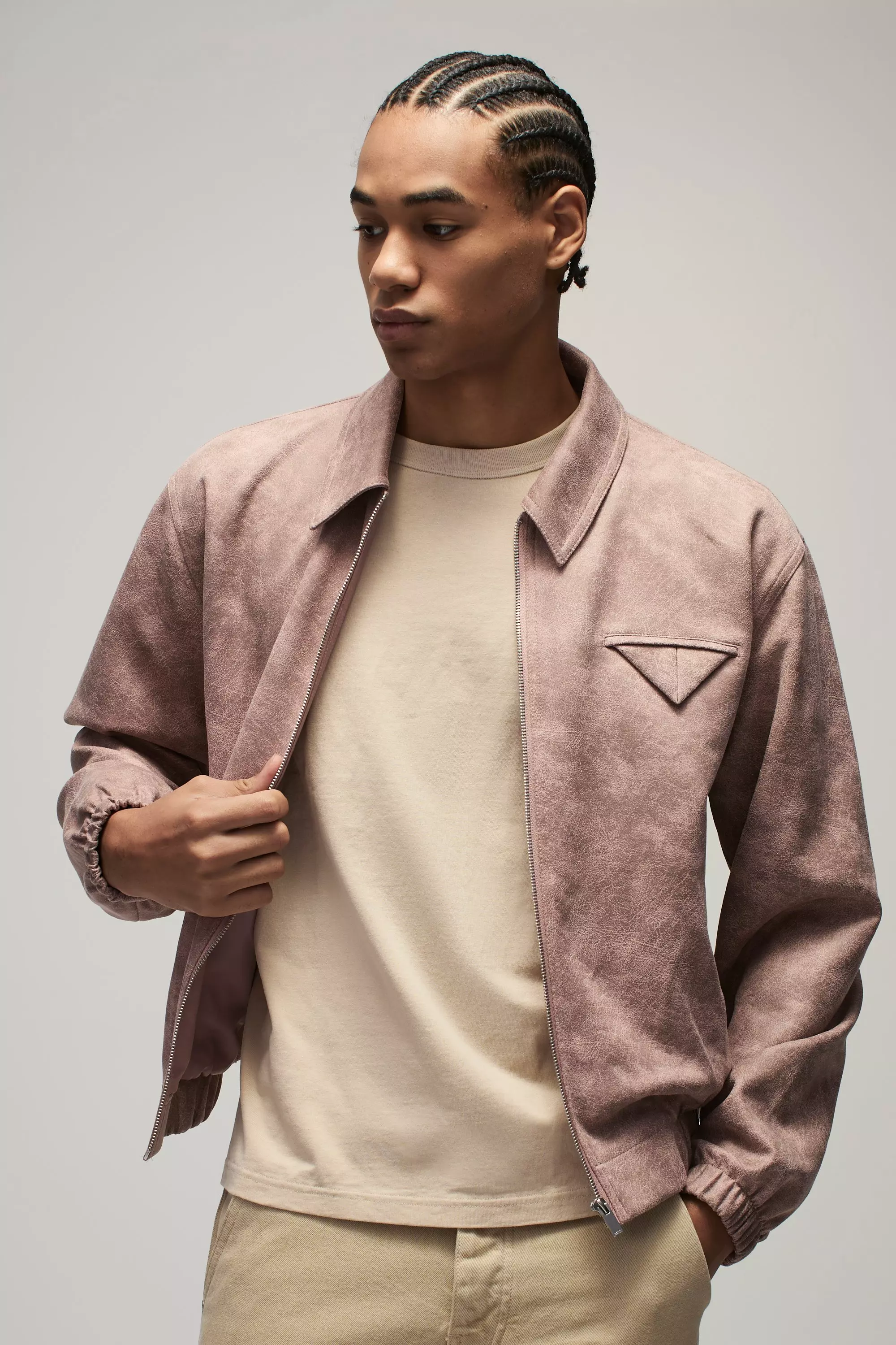 Pink Boxy Washed Look Faux Suede Harrington Jacket alternative image