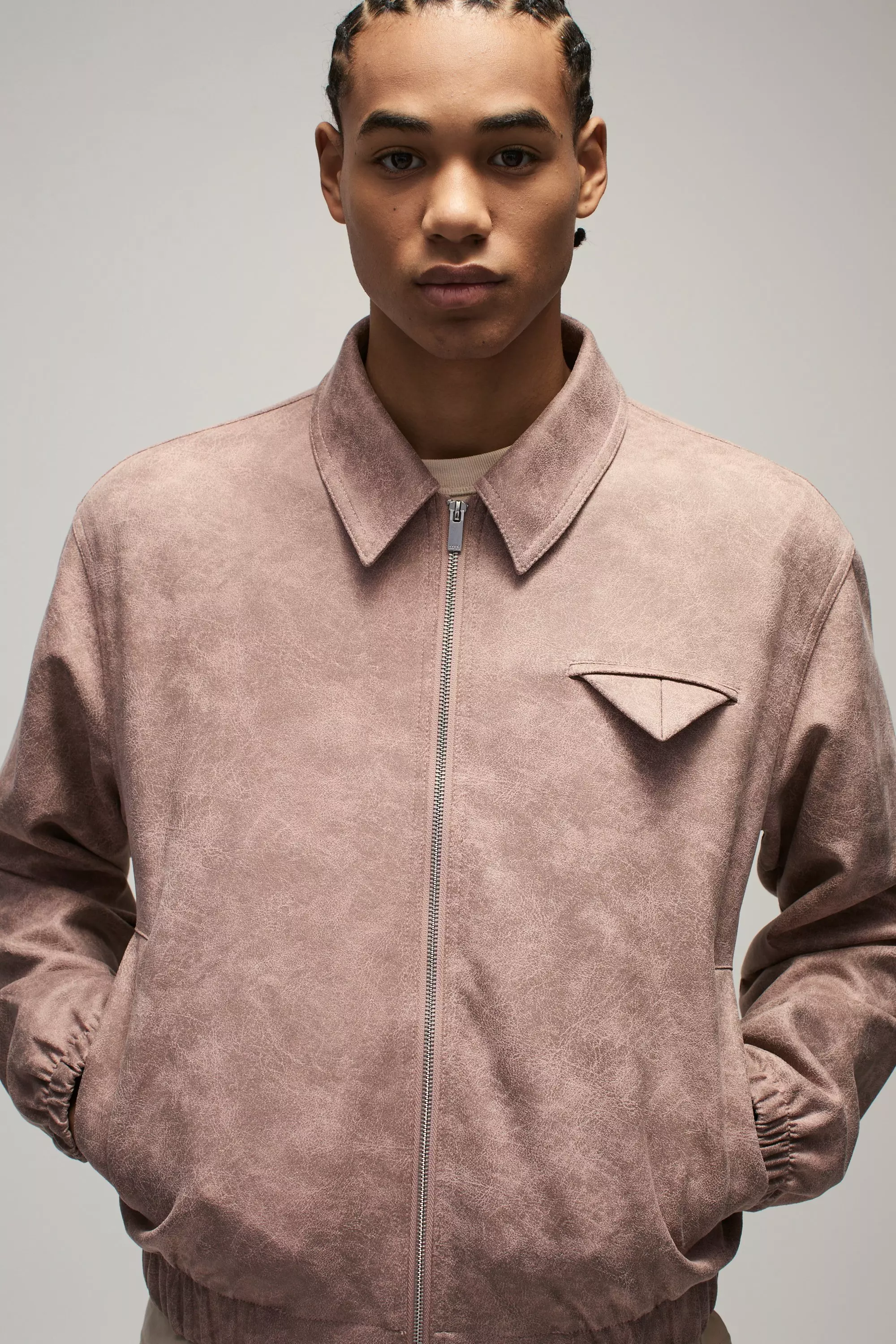 Pink Boxy Washed Look Faux Suede Harrington Jacket alternative image