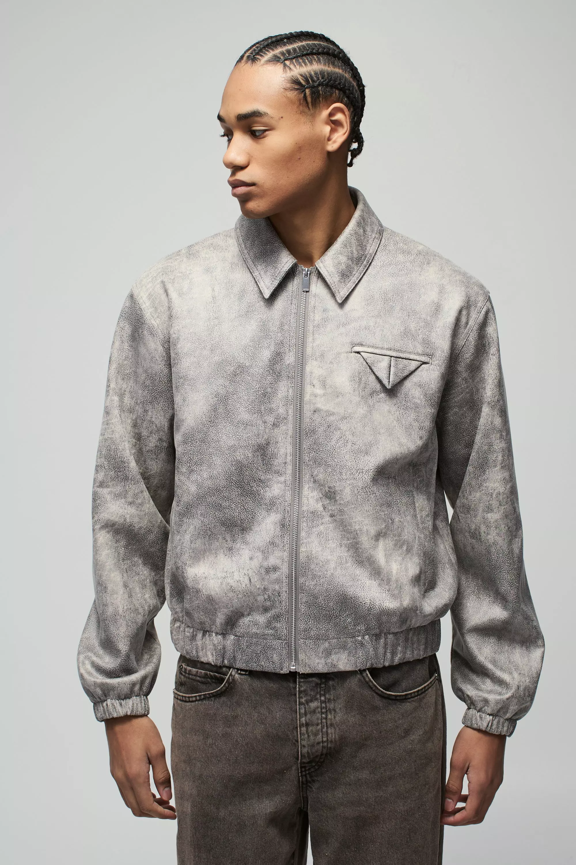 Grey Boxy Washed Look Faux Suede Harrington Jacket alternative image