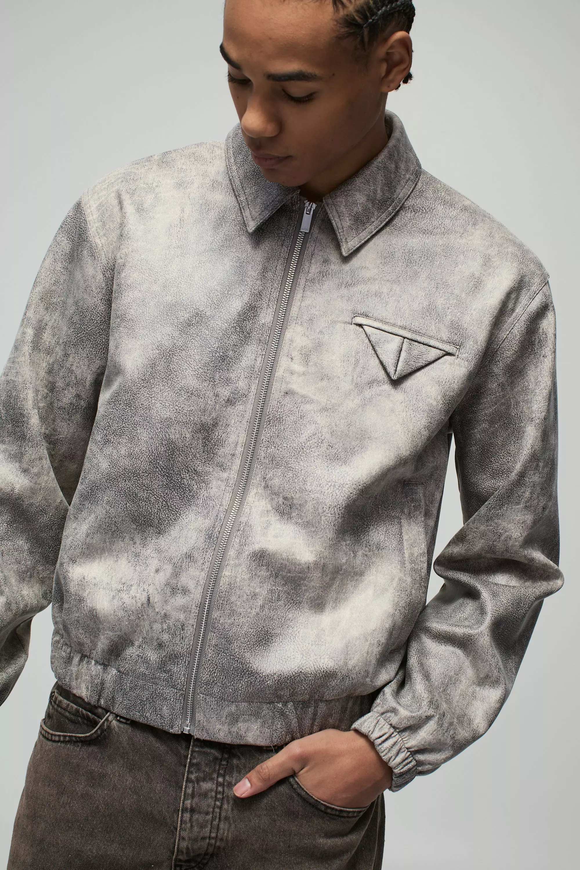 Grey Boxy Washed Look Faux Suede Harrington Jacket alternative image