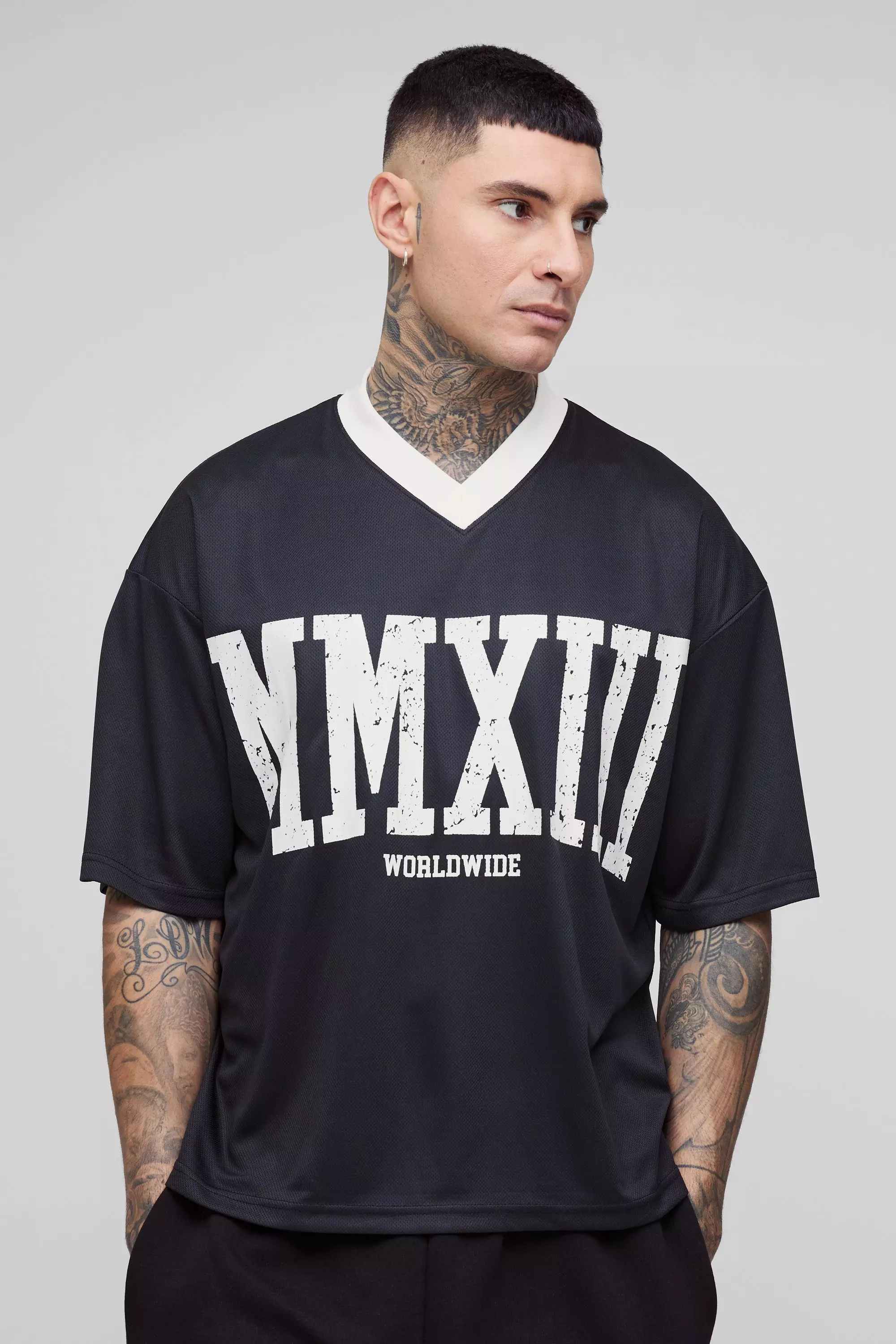 Tall Oversized Boxy V Neck Mesh T-shirt Black